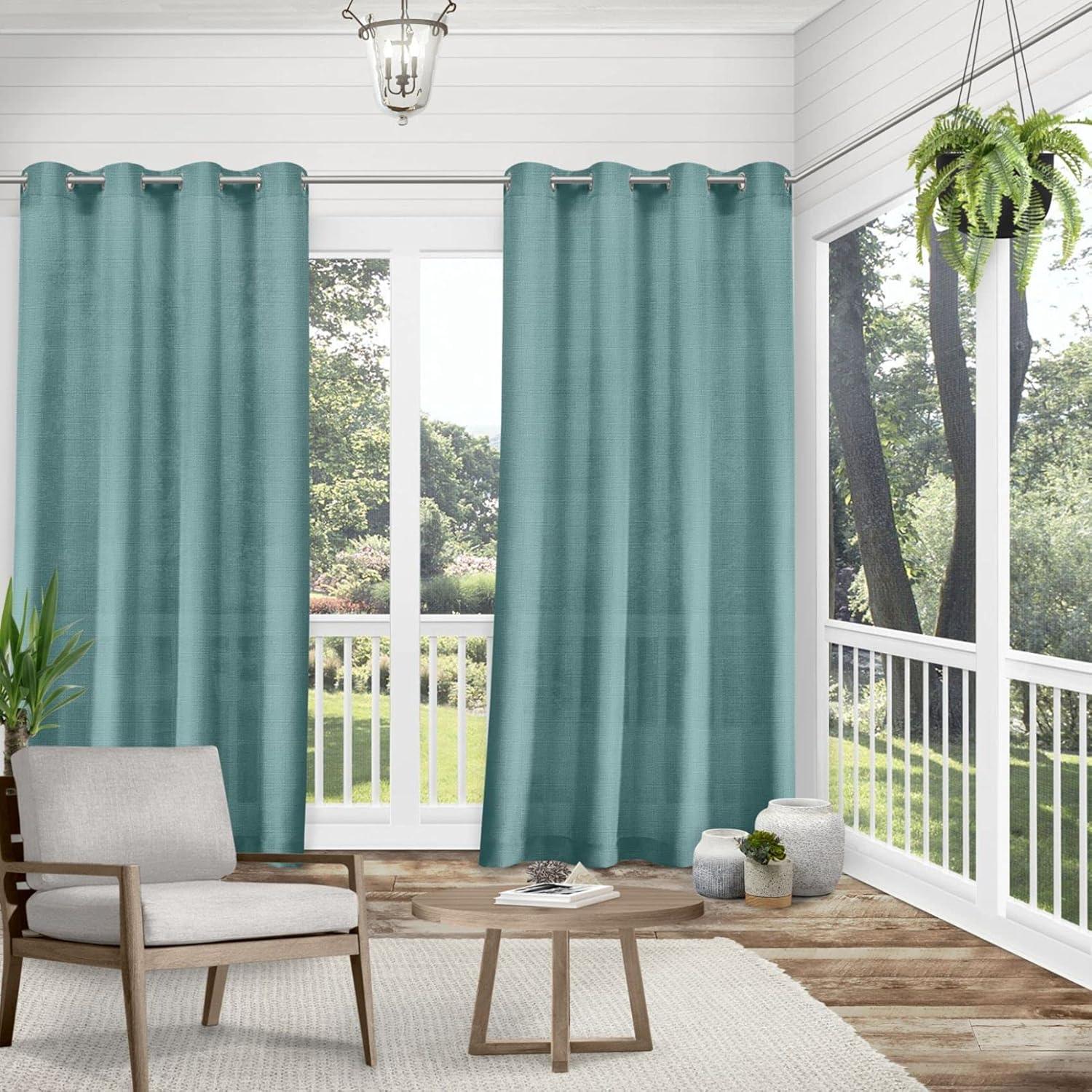 EXCLUSIVE HOME Miami Semi-Sheer Textured Indoor/Outdoor Grommet Top Curtain Panel Pair, 54"x84", Teal