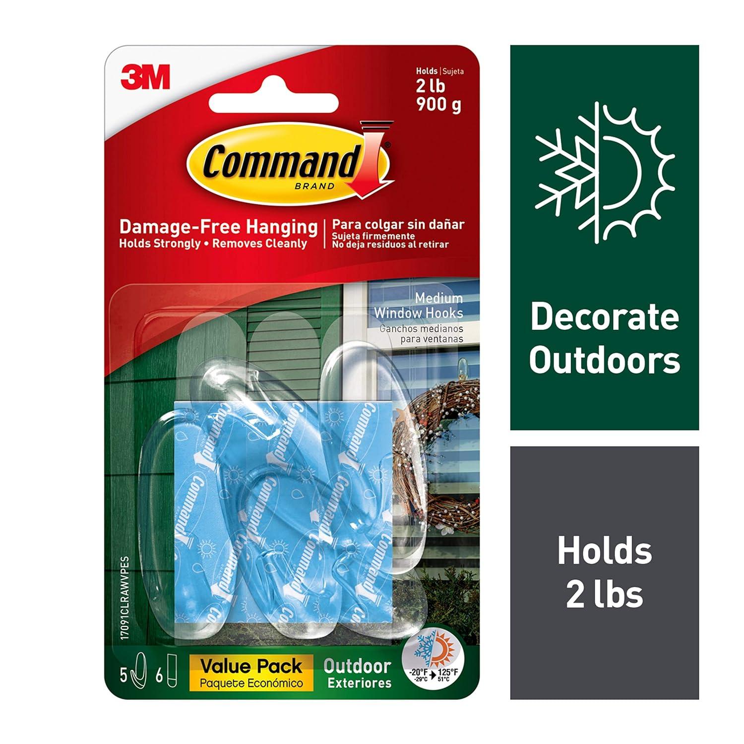 Command Outdoor Window Hooks Value Pack, Clear, 5 Hooks, 6 Strips