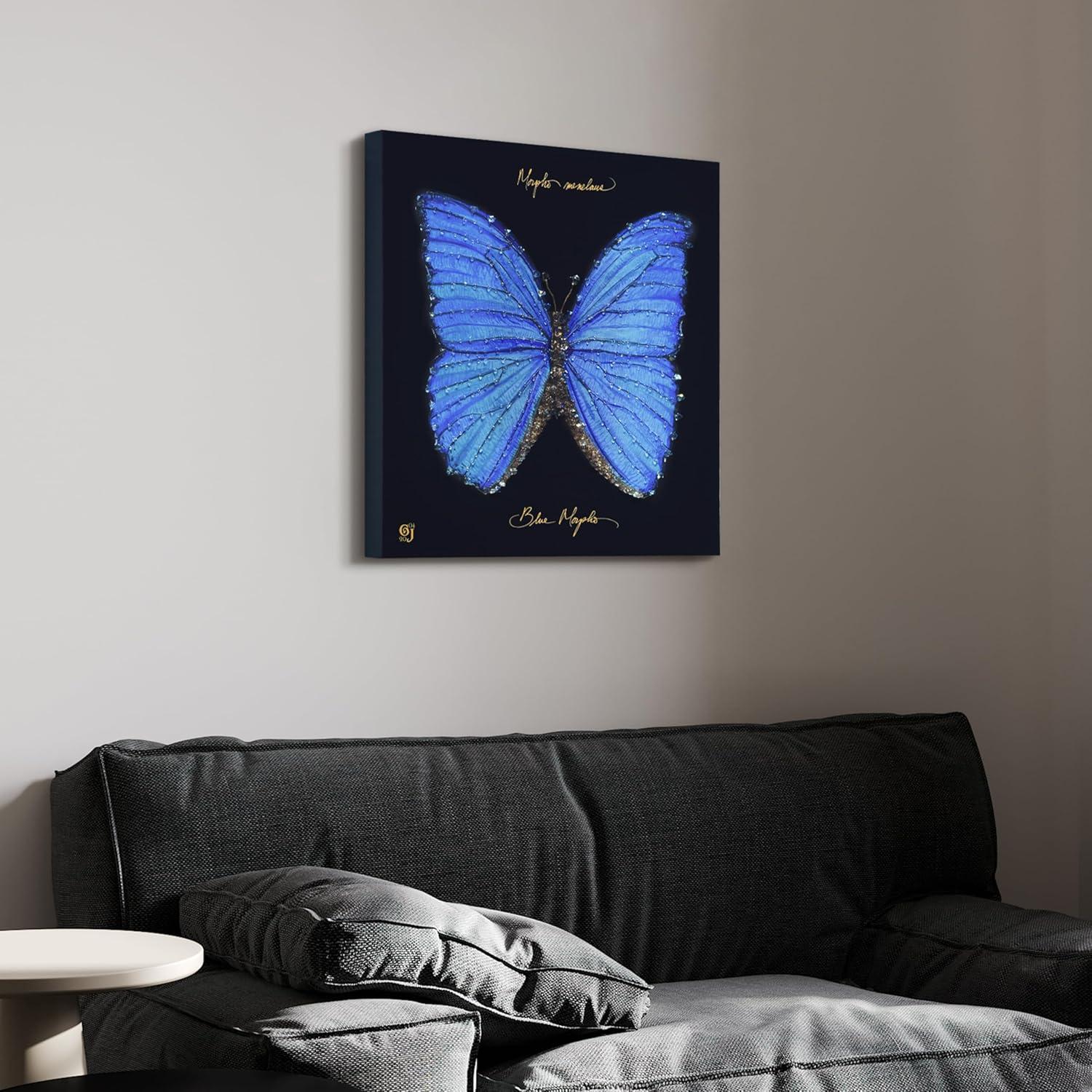 "Blue Monarch Elegance" Crystallus Epoxy Coated Wrapped Glossy Butterfly Canvas Wall Art with Heavy Acrylic Crystal Shards Embellishments