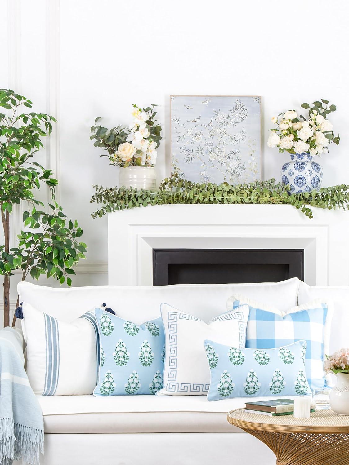 Hofdeco Premium Coastal Patio Indoor Outdoor Throw Pillow Cover Only, 18"x18" Water Repellent for Backyard, Couch, Baby Blue White Green Floral with Piping