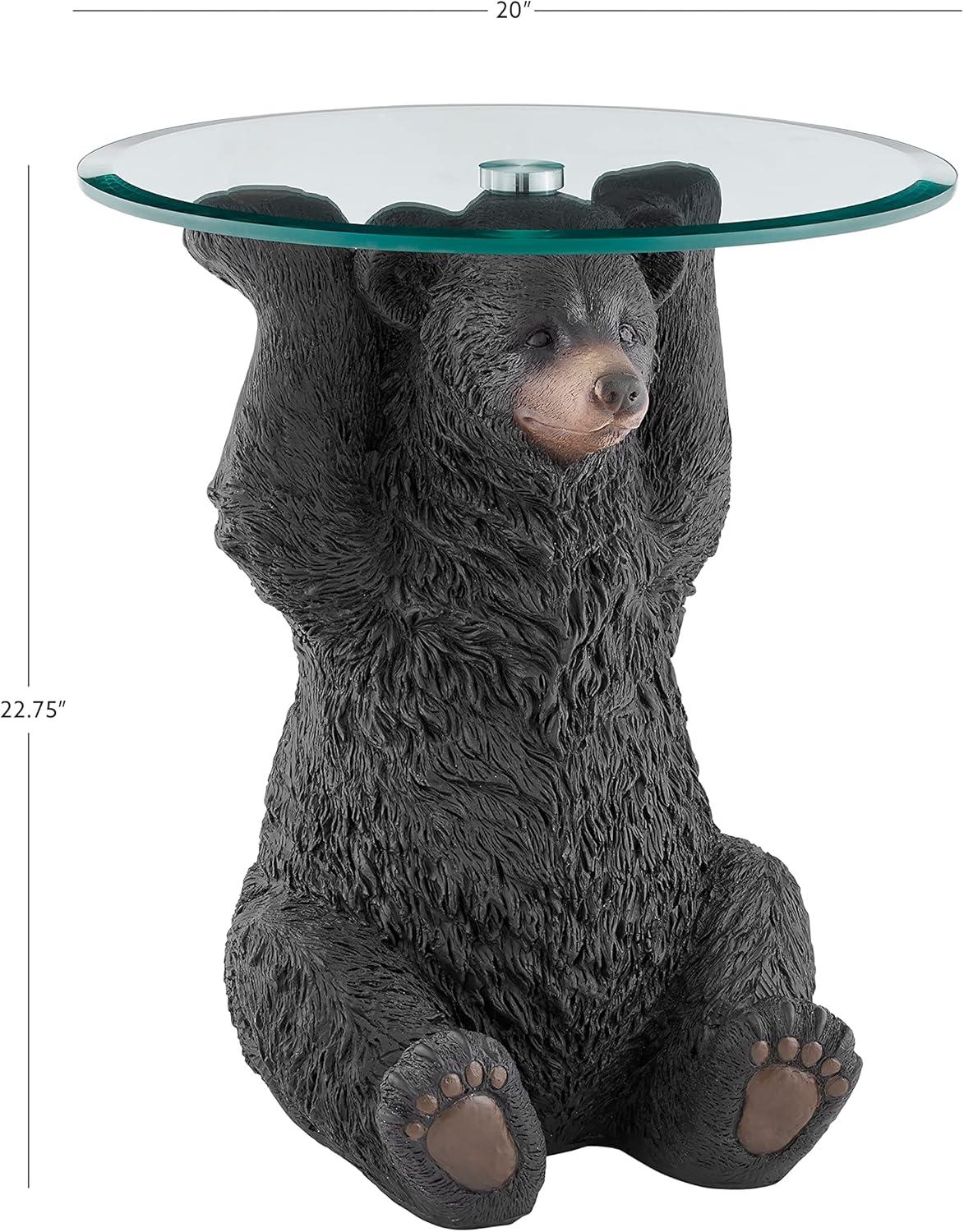 Linon Barney Bear Resin Accent Table Glass Top with Beveled Edge in Dark Brown