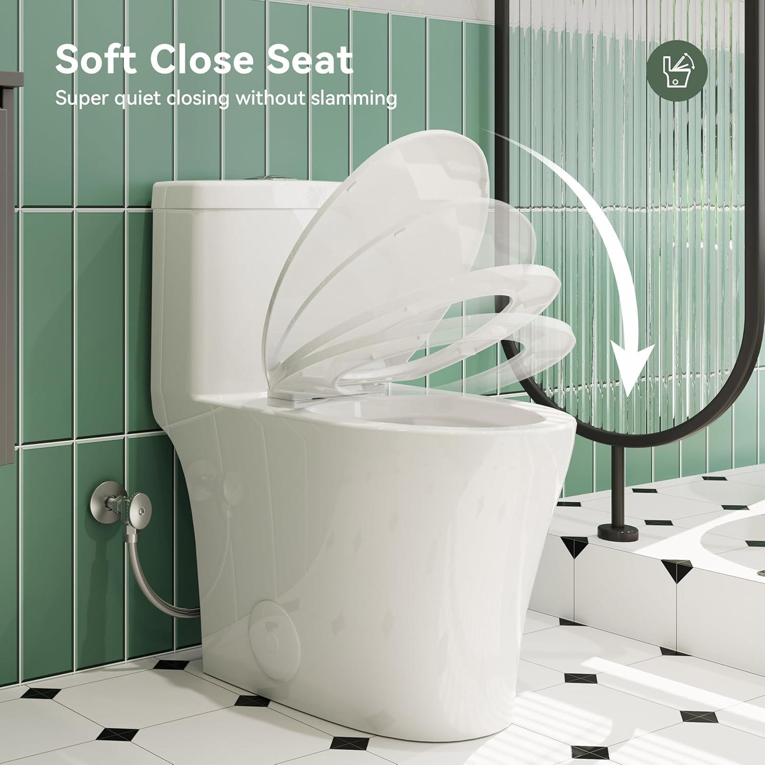 Elongated One-Piece Toilet, 17" ADA Comfortable Chair Seat Height, 0.8/1.26 GPF Dual Flush Toilet with Square Button, MAP 1000g, White Toilet Bowl