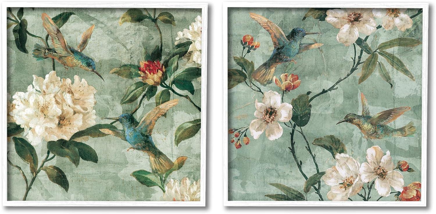 Hummingbirds and Florals Green Canvas Art Set with White Frame