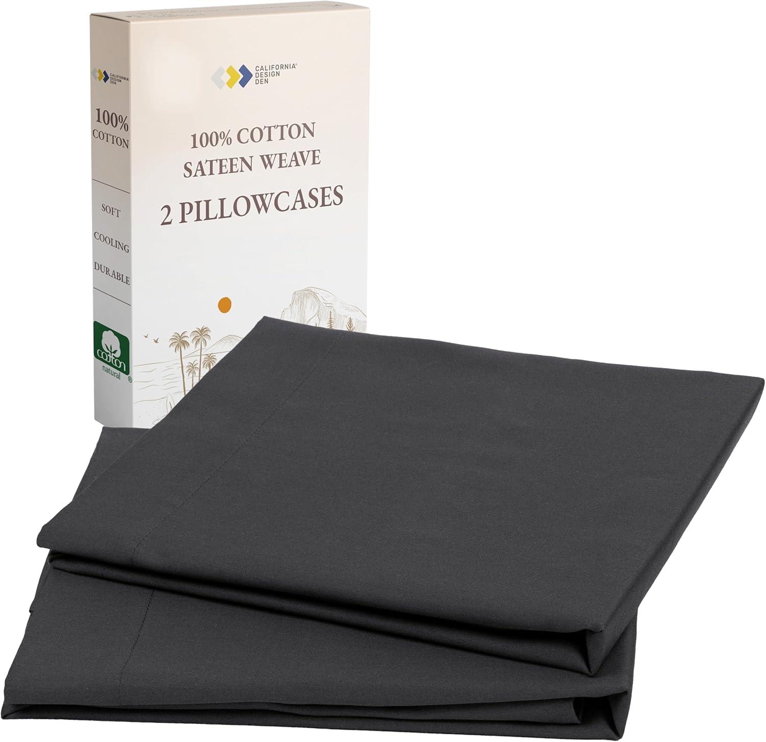 100% Cotton Pillow Cases Standard Size/ Queen Size Set of 2 Soft & Cooling Sateen Weave by California Design Den - Dark Grey (Black Tone)