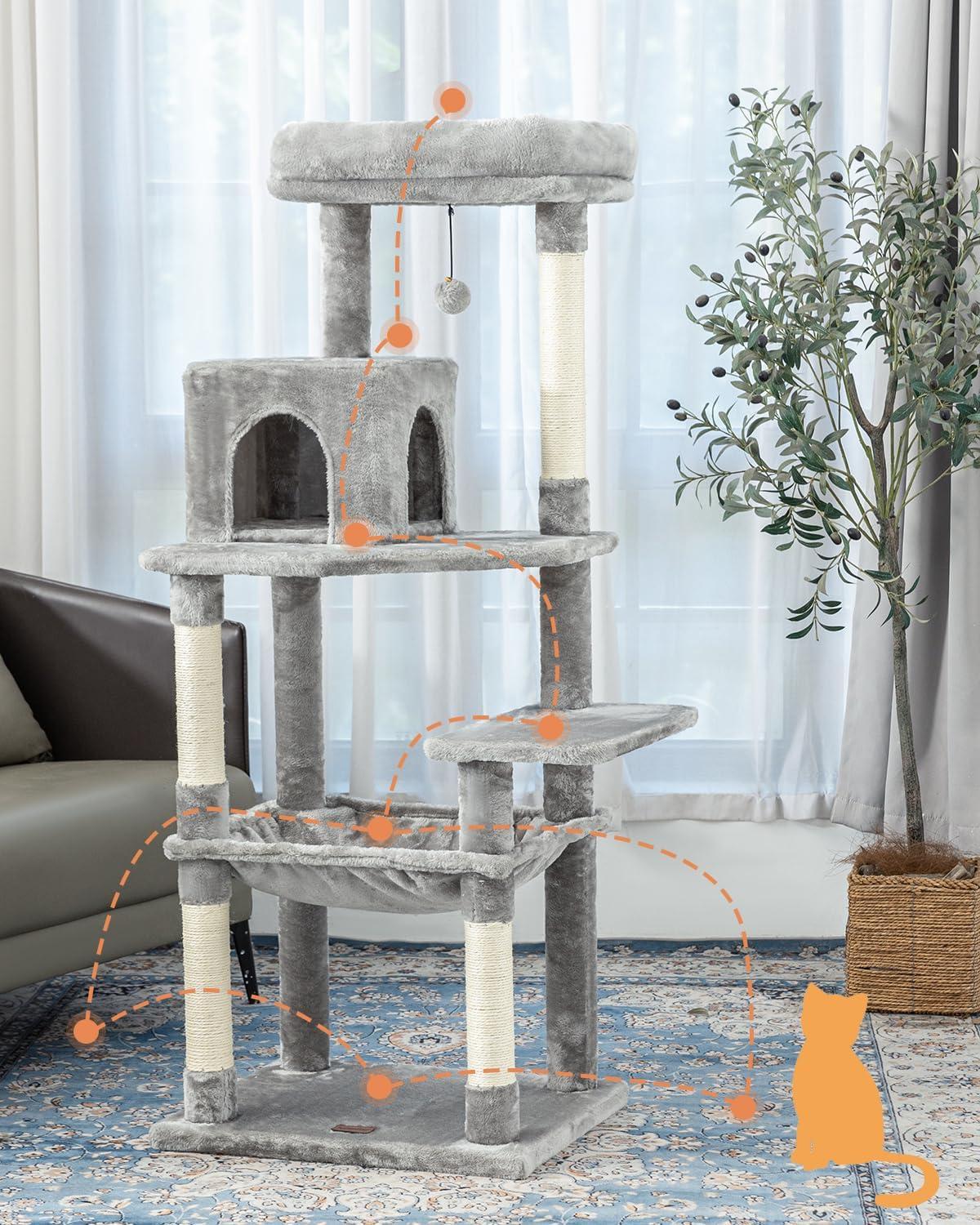 56.3" Indoor Multi-Level Tall Cat Tower With Large Hammock, Scratching Posts, Cozy Condo And Top Perch