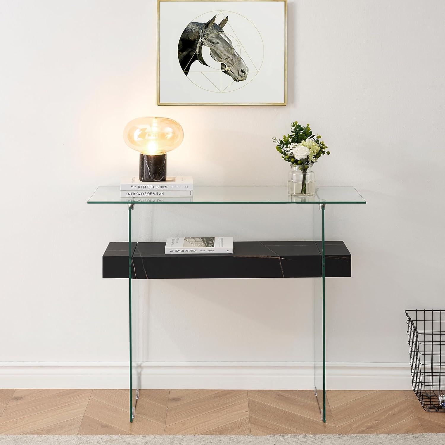 Ivinta Narrow Glass Console Table with Storage Modern Sofa Table Entryway Table Glass Writing Desk Small Computer Desk TV Table Buffet Table Modern Accent Table for Small Space Living Room Hallway