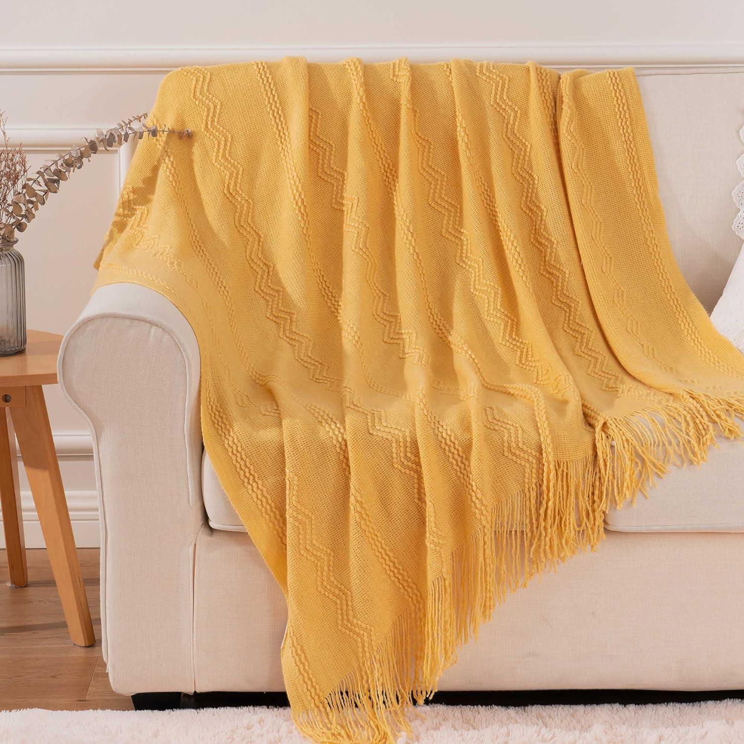 Battilo Throw Blanket, Knitted Yellow Geometric Throws, 50" x 60"