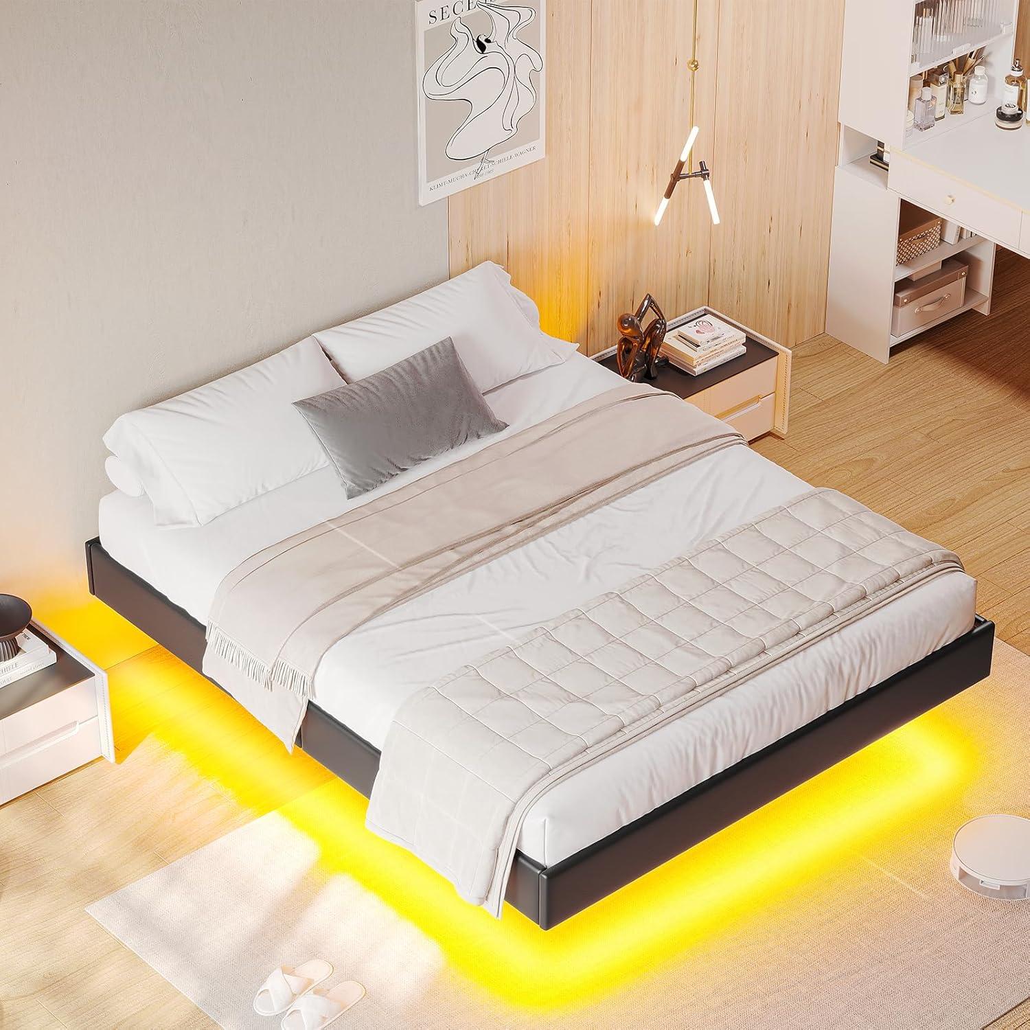 Alwyn Home Floating Bed Frame With Led Lights Metal Platform Bed, No Squeak