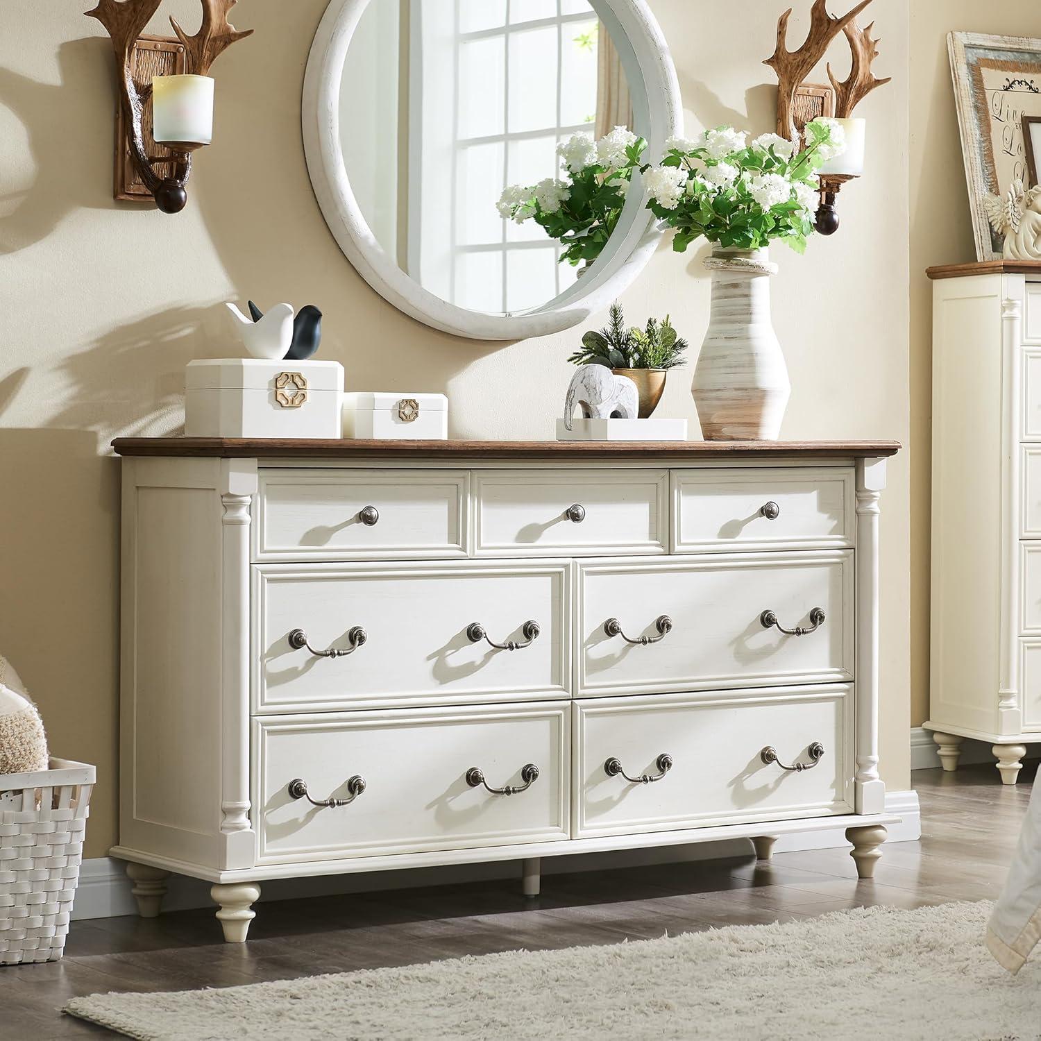 OKD Ojaswi Farmhouse 7 - Drawer Dresser, Wood Rustic Dresser Chest of Drawers with 2 Size Drawers for Bedroom, Living Room