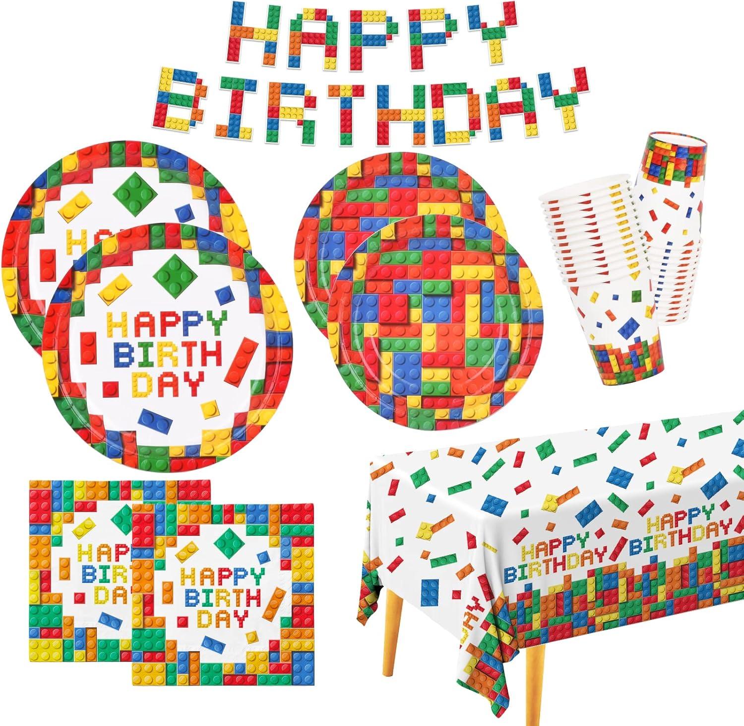 Colorful Building Block Birthday Party Supplies Set for 25