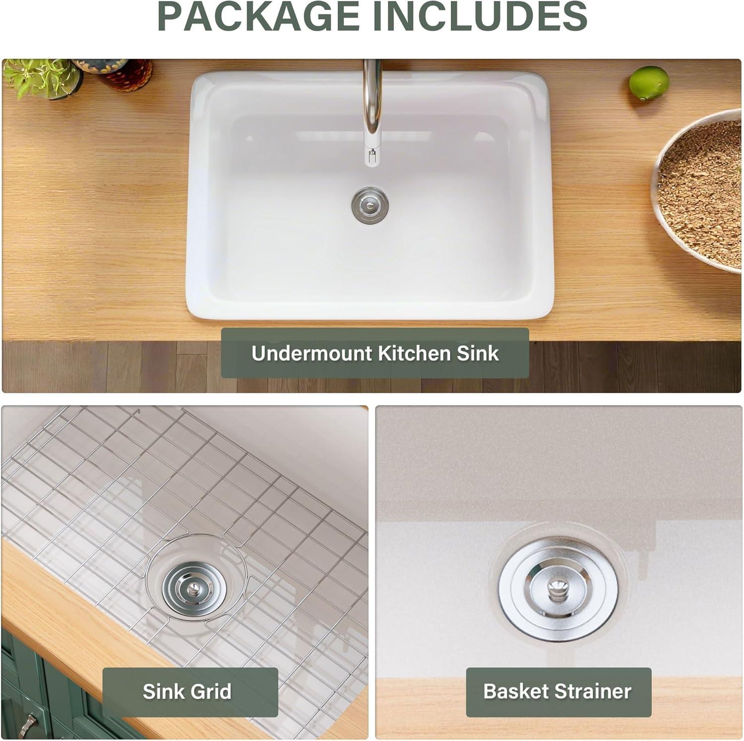 32" L x 19" W Single Bowl Fireclay Kitchen Sinks White with Bottom Grids and Basket Strainer