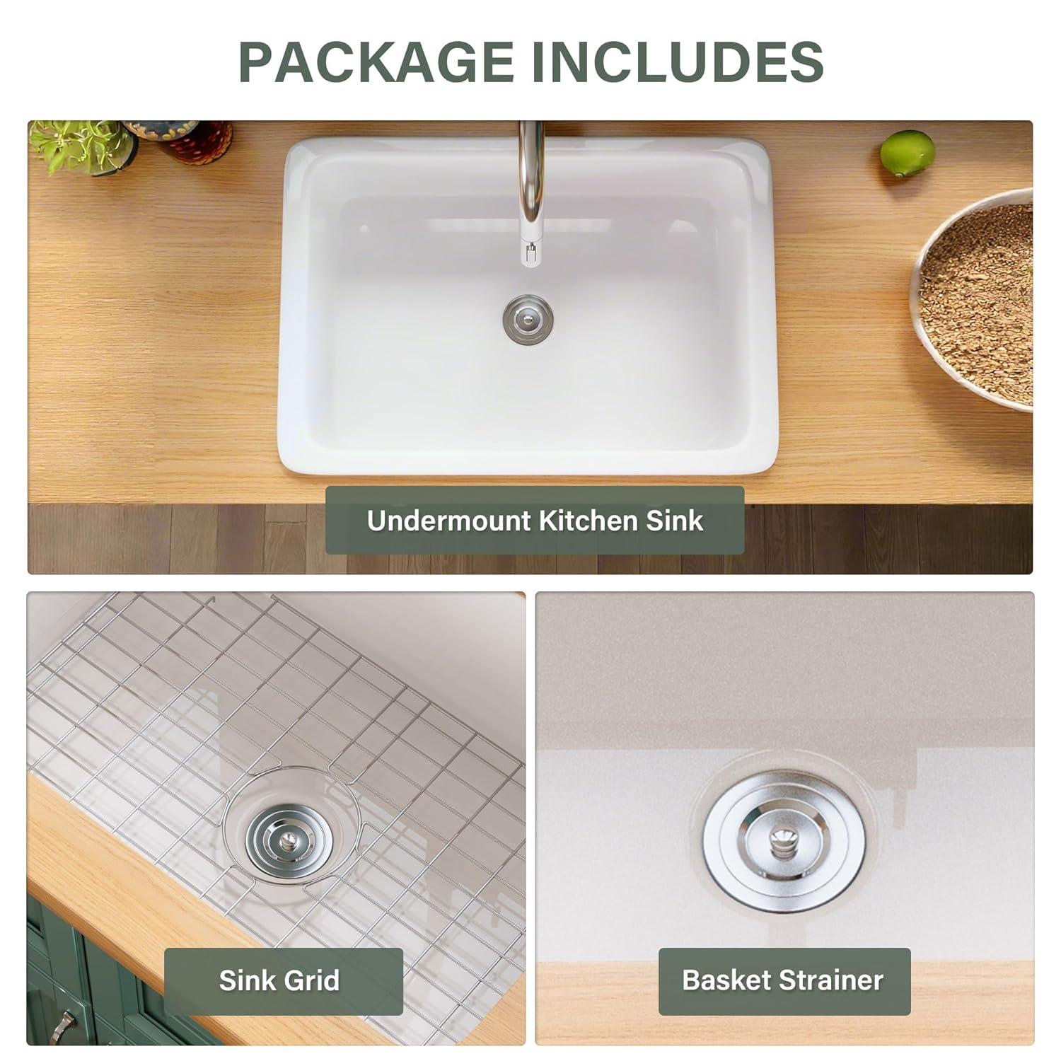 32" L x 19" W Single Bowl Fireclay Kitchen Sinks White with Bottom Grids and Basket Strainer