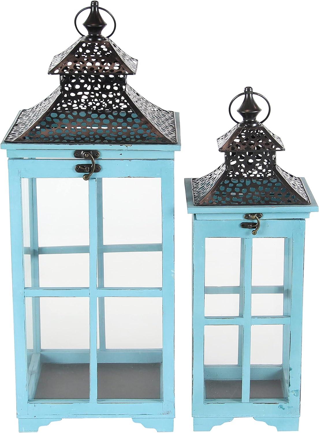 Coastal Blue Wood & Glass Hanging Candle Lantern Set