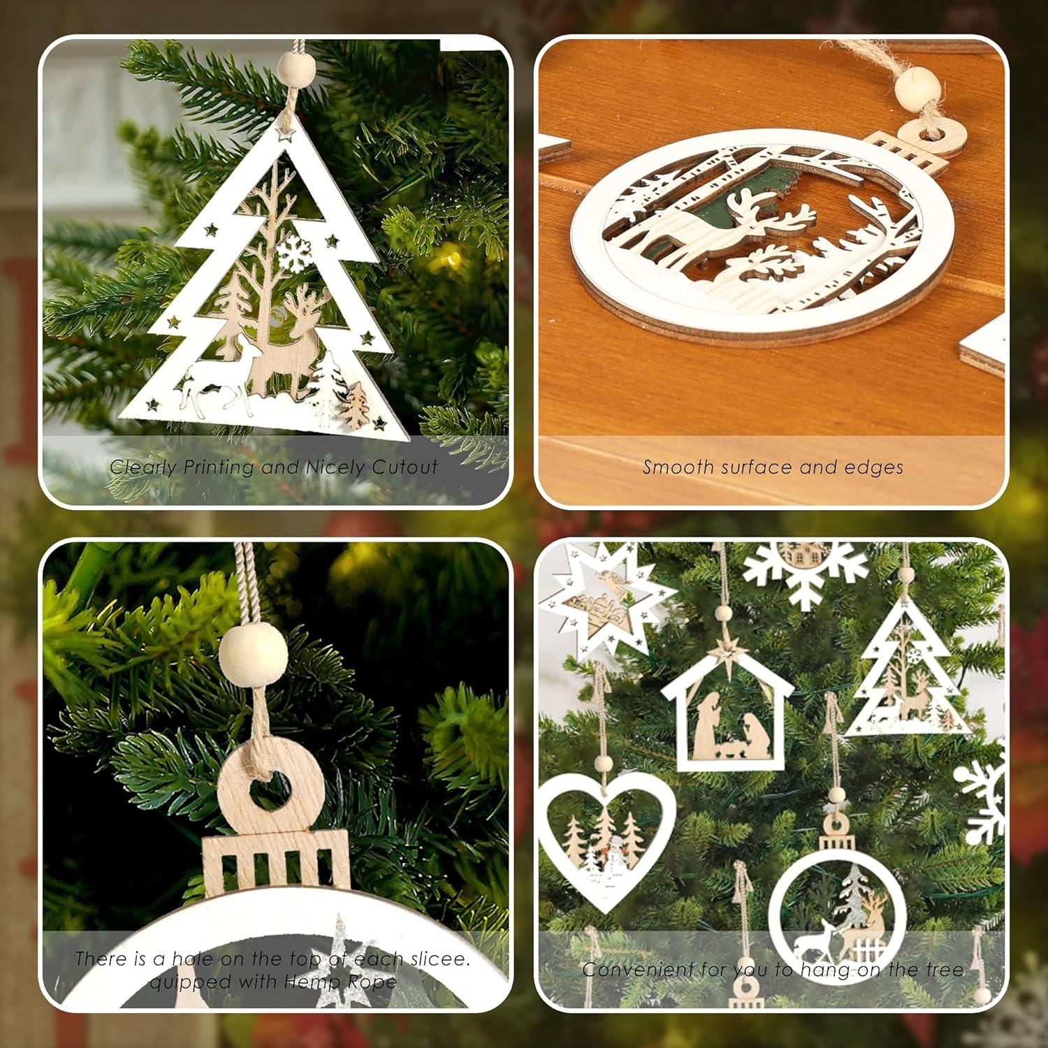 24-Piece Assorted Wooden Reindeer Christmas Ornaments Set