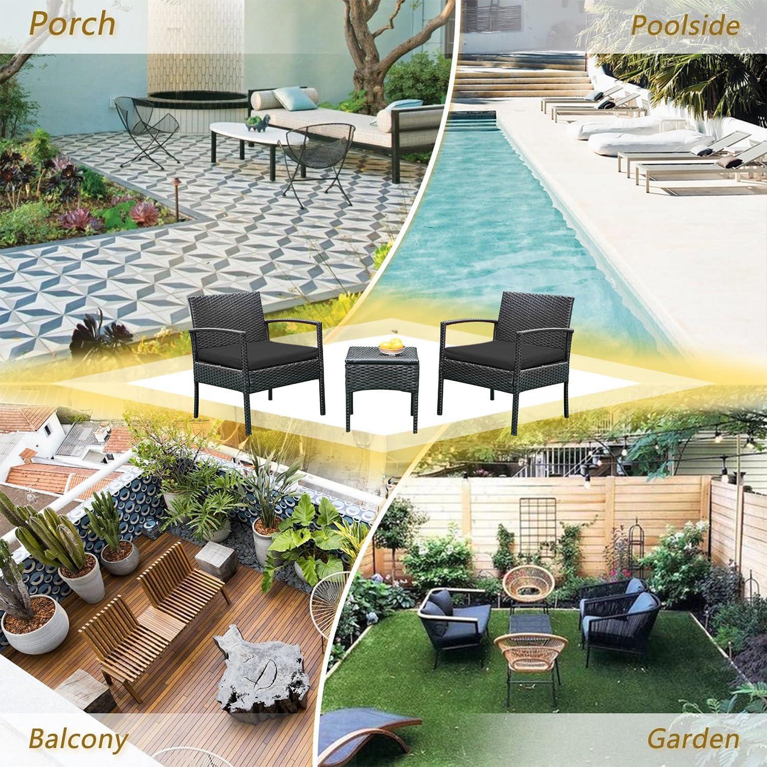 Tappio Outdoor Furniture 3 Piece Patio Bistro Furniture Set, Rattan Conversation Chairs Set with Side Table and Cushions, Patio Furniture Sets for Balcony Garden Porch, Black