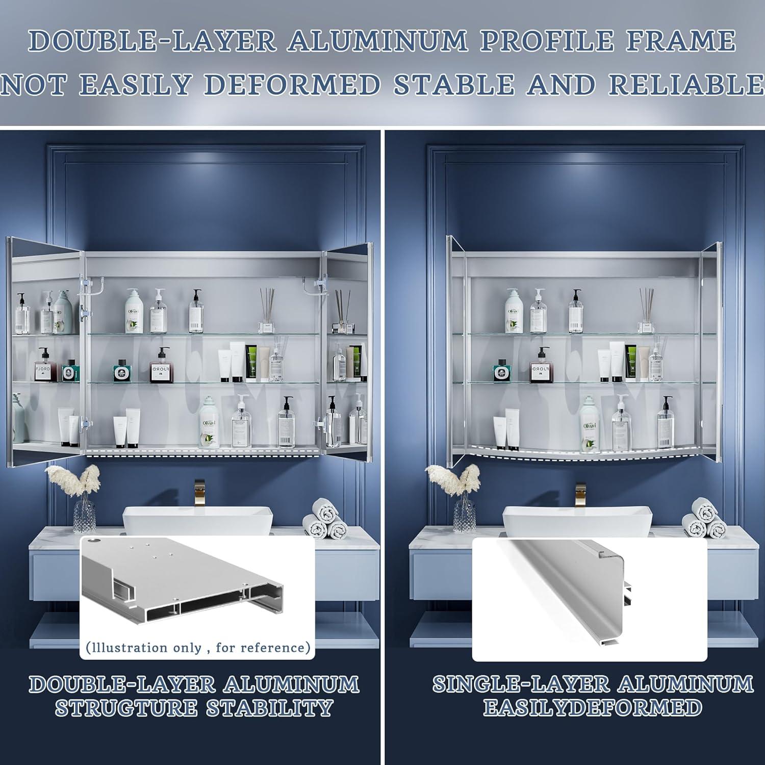 ExBrite Lighted Medicine Cabinet 36x30 Inch,Recessed or Surface led Medicine Cabinet, Three Glass Shelves,Defog,Stepless Dimming,Medicine Cabinet with Lights 3-Color Temper Change, Outlets & USBs
