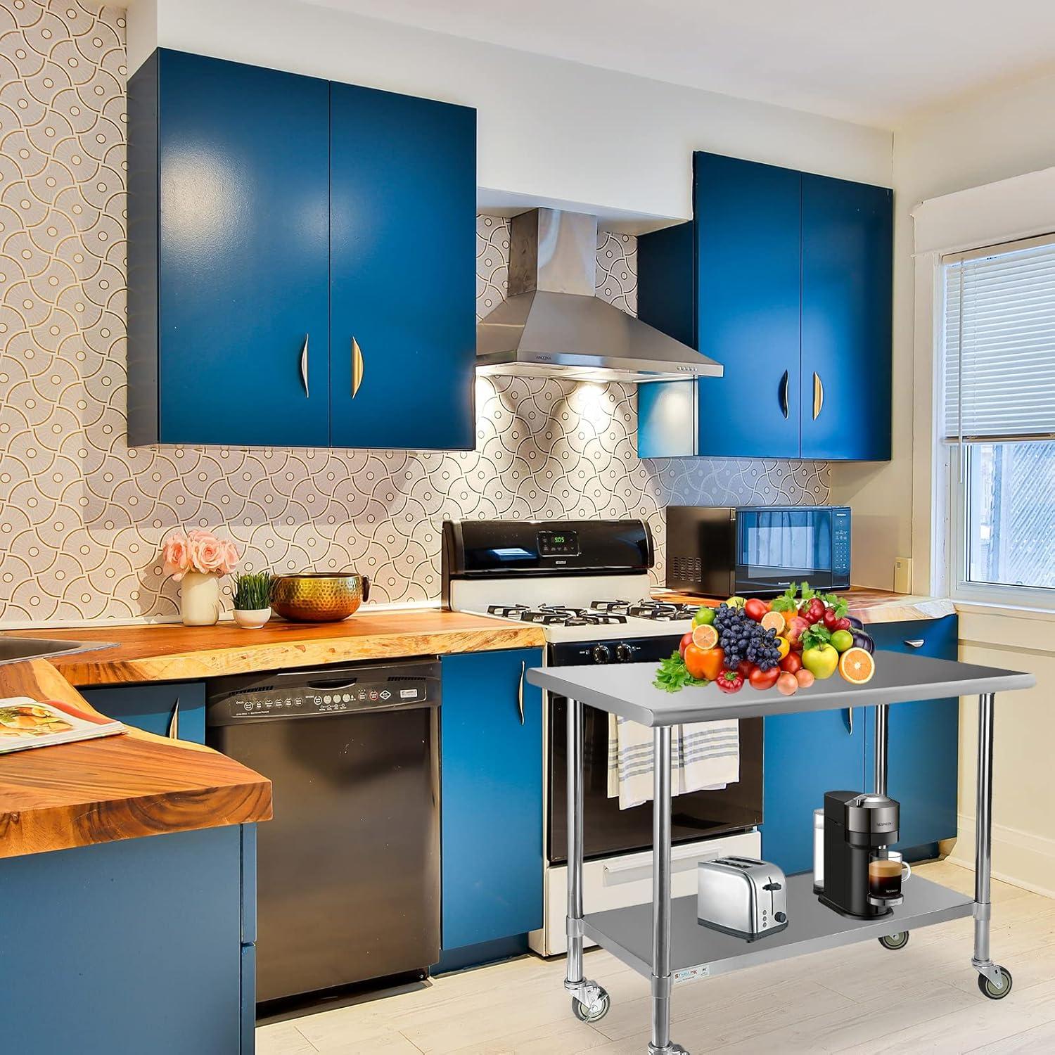 48'' Stainless Steel Kitchen Prep Table with Casters and Undershelf