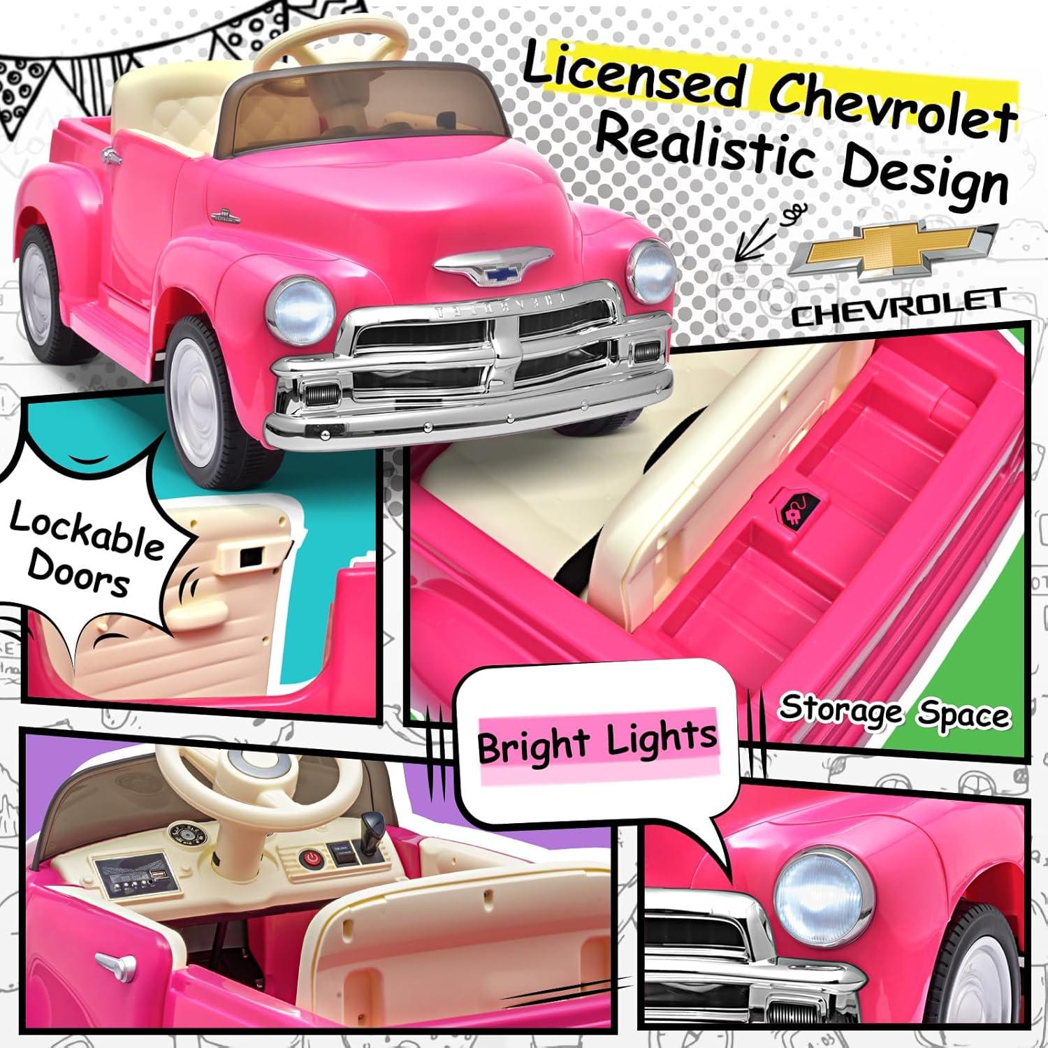 Joywhale 12V Kids Ride on Car Licensed Chevrolet 3100 Pickup Battery Powered Motorized Electric Car, with 7AH Big Battery, 2.4G Remote Control, 3-Speeds, Storage Space, Music, Retro Style, Black