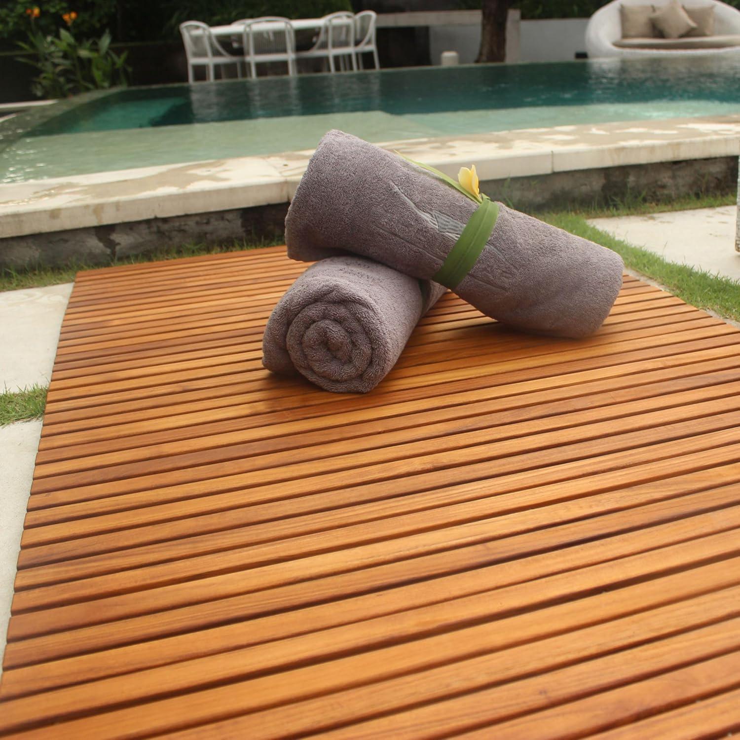 Nordic Teak 59" x 35" Extra Large Oiled Shower and Bath String Mat with Rubber Footing - Brown