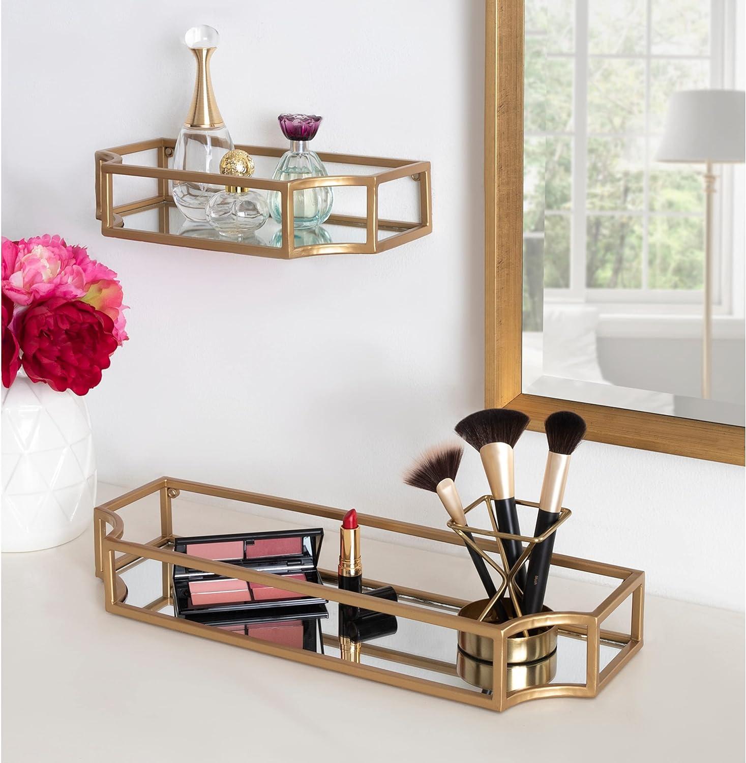 Elegant Gold Metal Geometric Wall Shelf Set, 2 Pieces