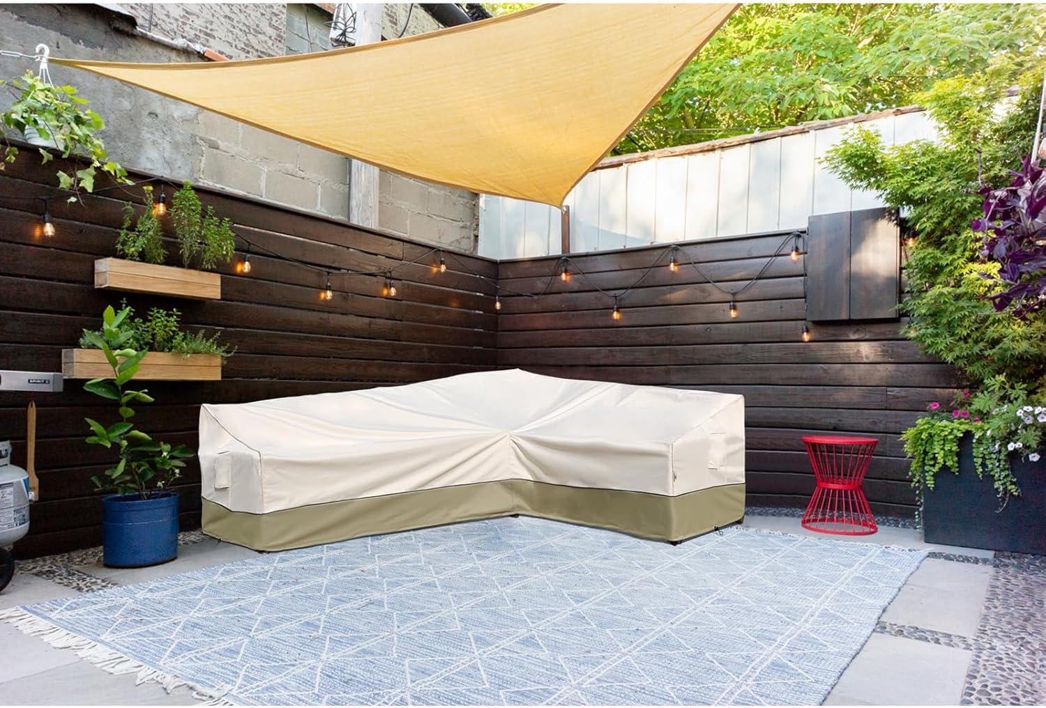 Outdoor Sectional Cover-V-Shaped Garden Patio Furniture Covers Waterproof Rip-Stop Anti-UV 600D Heavy Duty Outdoor Couch Cover with 3 Air Vents Sofa Cover 85''L 33.5''D 31''H,Beige & Reddish Brown