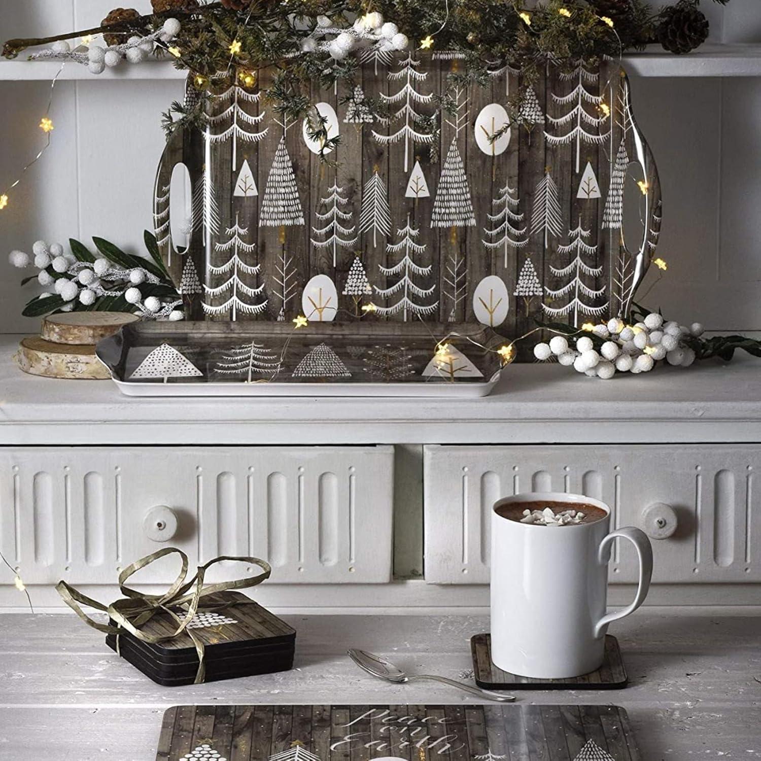 Pimpernel Wooden White Christmas Placemats (Set of 4), Cork-Backed, Heat-Resistant Table Mats, (15.7" x 11.7"), Festive Snowy Tree Design