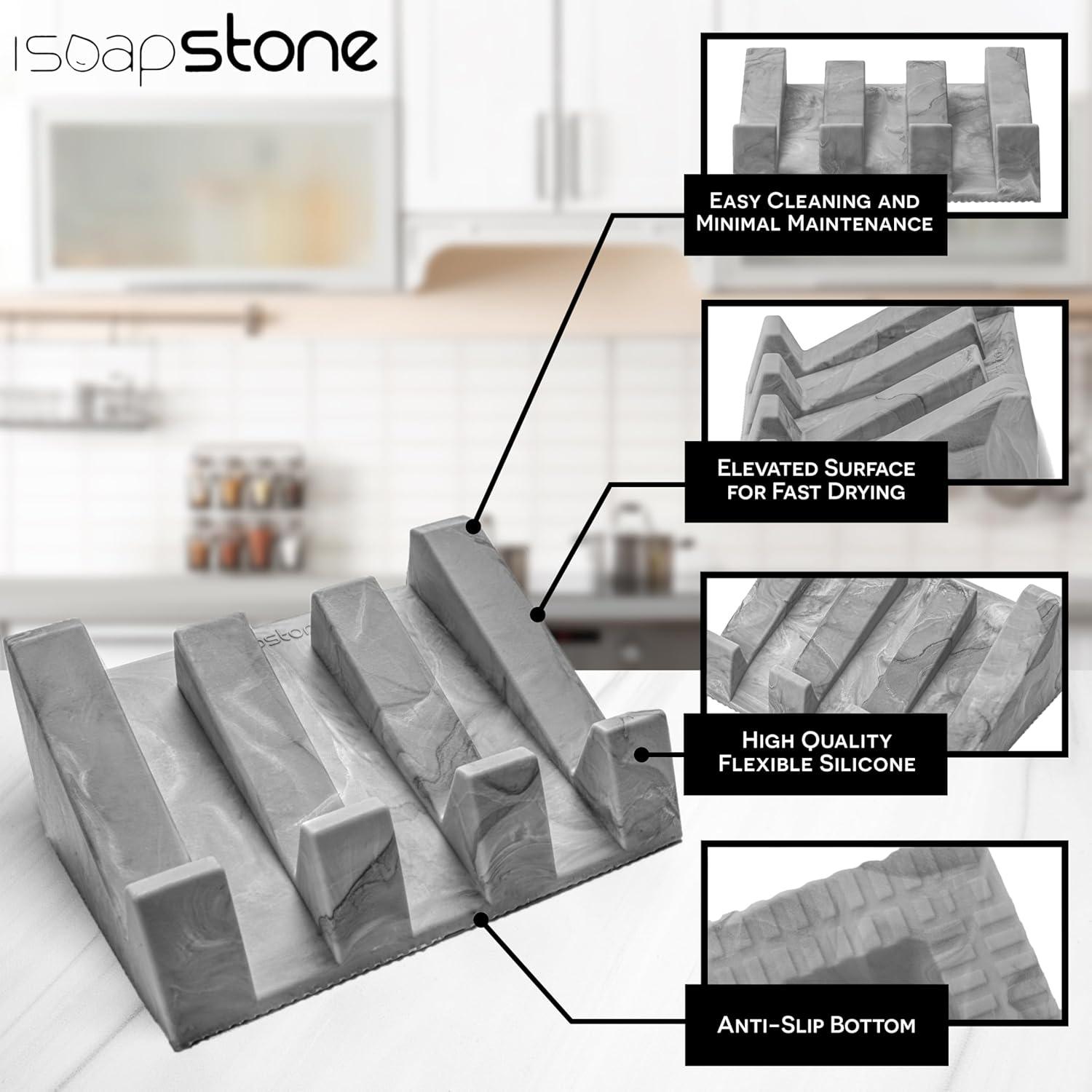 iSoapStone Premium Self-Draining Silicone Soap Dish: Waterfall Bar Holder Tray with Drain Saver, Anti-Slip Kitchen & Bathroom Accessory for Sponges and Bar Soaps - Patent-Pending Design (Light Grey)