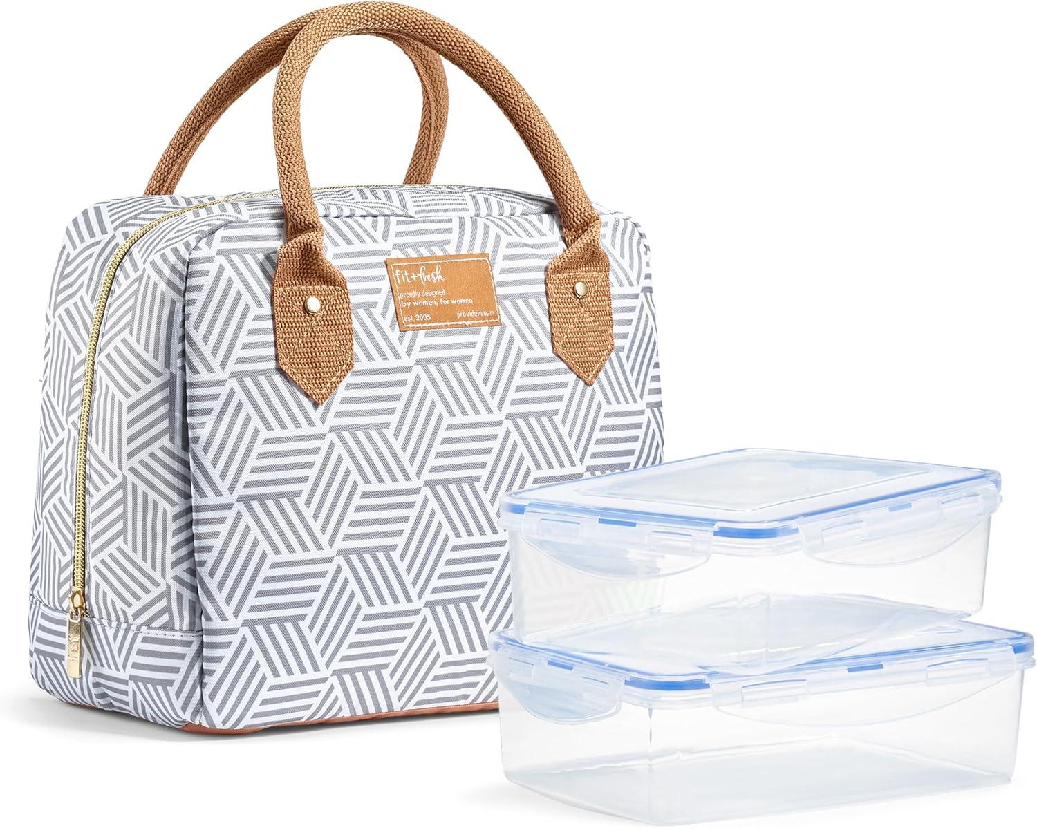 Fit + Fresh Bloomington Womens Lunch Bag, Insulated Lunch Box With Containers, Grey Seaport