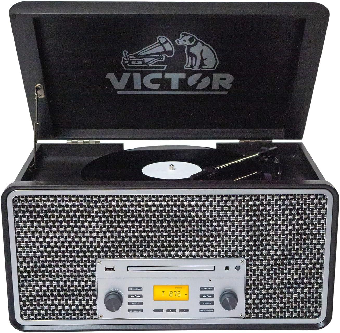 Victor 8-in-1 Wood Music Center with Bluetooth Vinyl Record Player