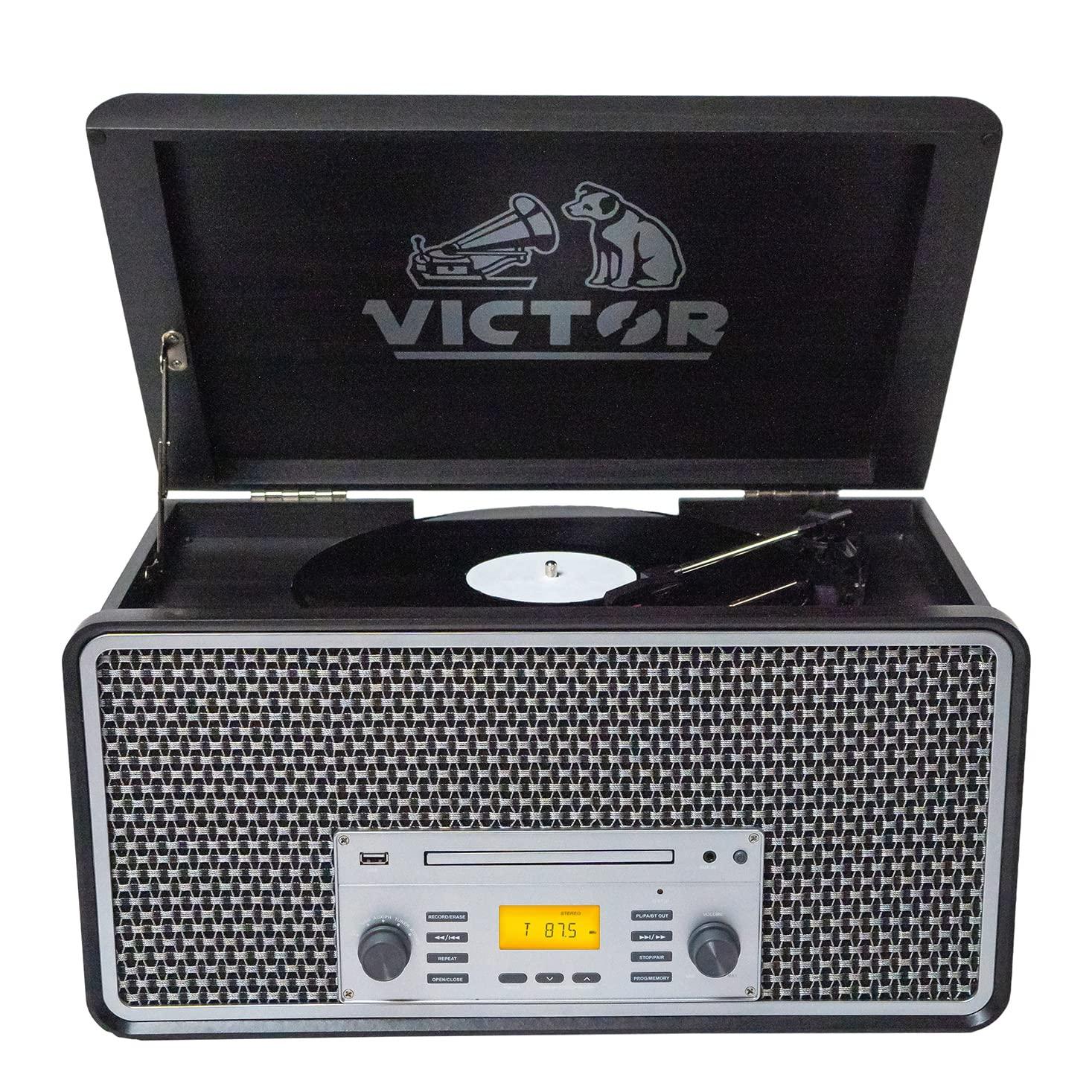 Victor 8-in-1 Wood Music Center with Bluetooth Vinyl Record Player
