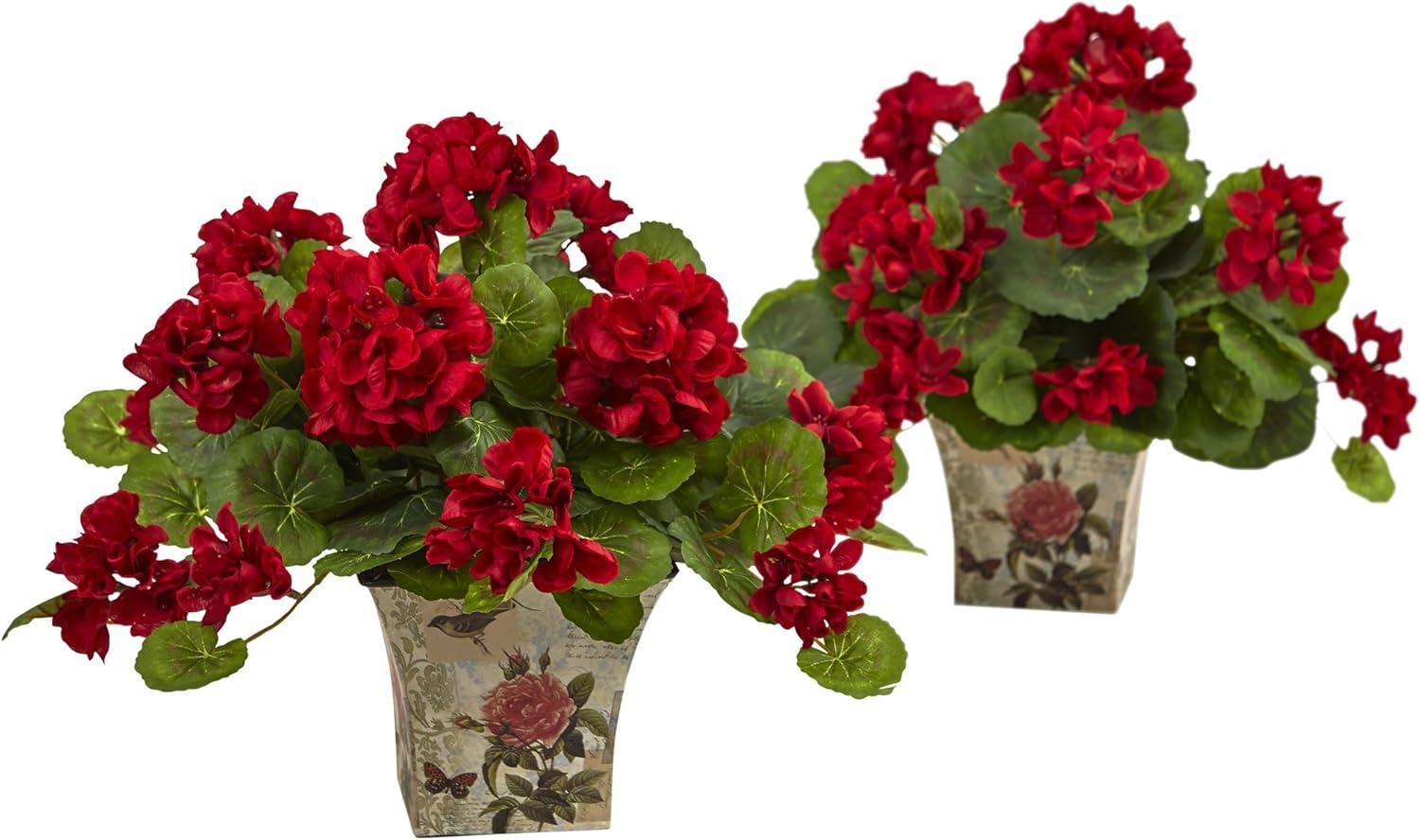 Vibrant Silk Geranium Arrangement in Decorative Planter - Set of 2