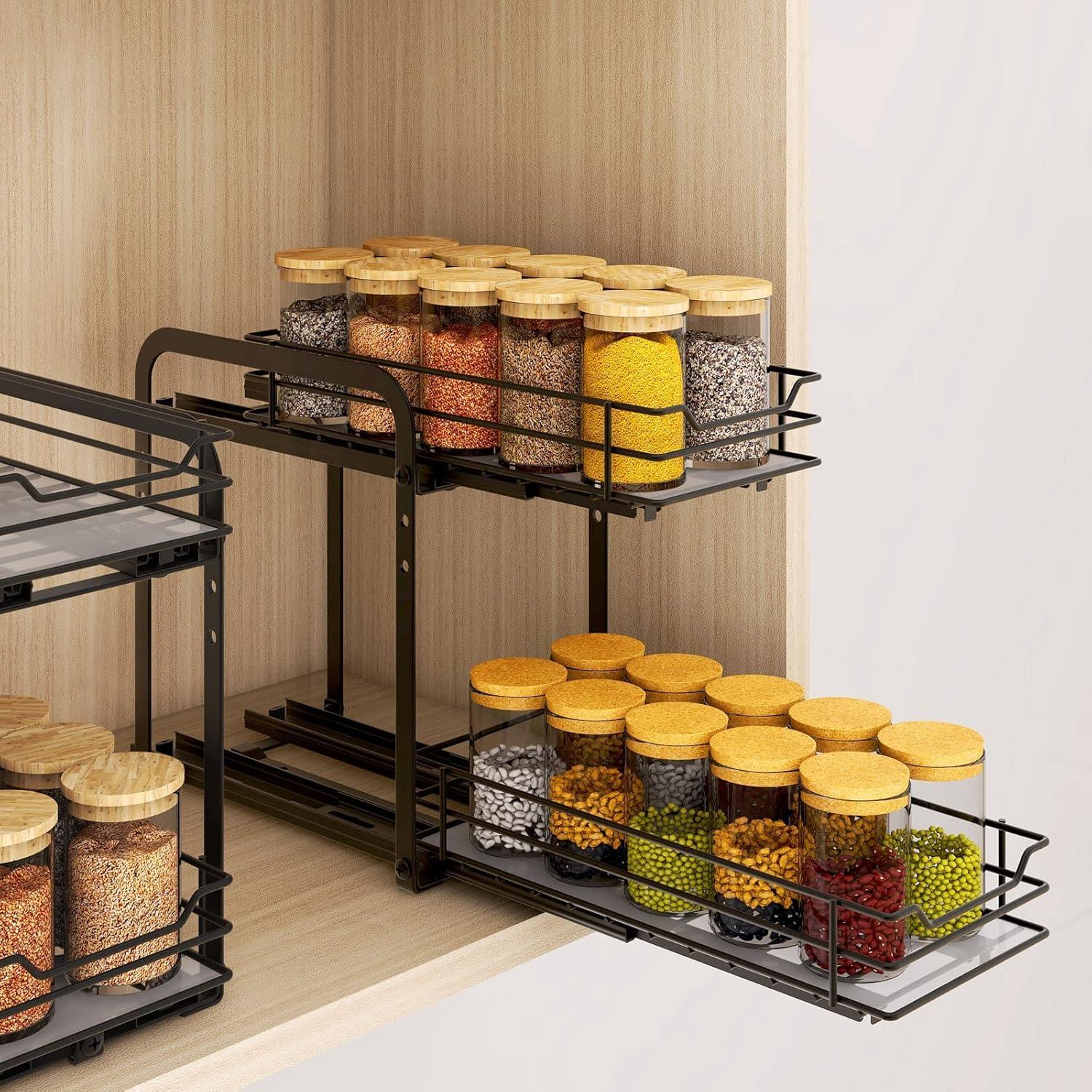 Black Metal 2-Tier Pull Out Spice Rack Organizer