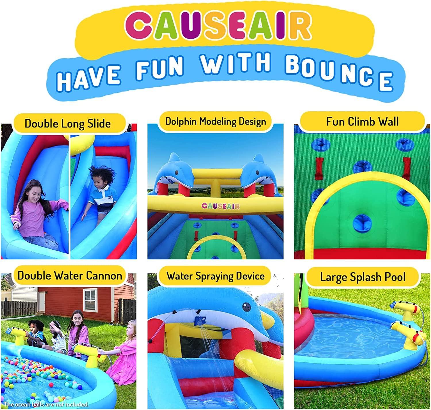 Inflatable Water Slide with Bounce House,Dolphin Styling,Splashing Pool,Double Water Cannon,Climbing Wall,Heavy Duty GFCI Blower,Inflatable Water Park Slide for Kids Backyard Summer