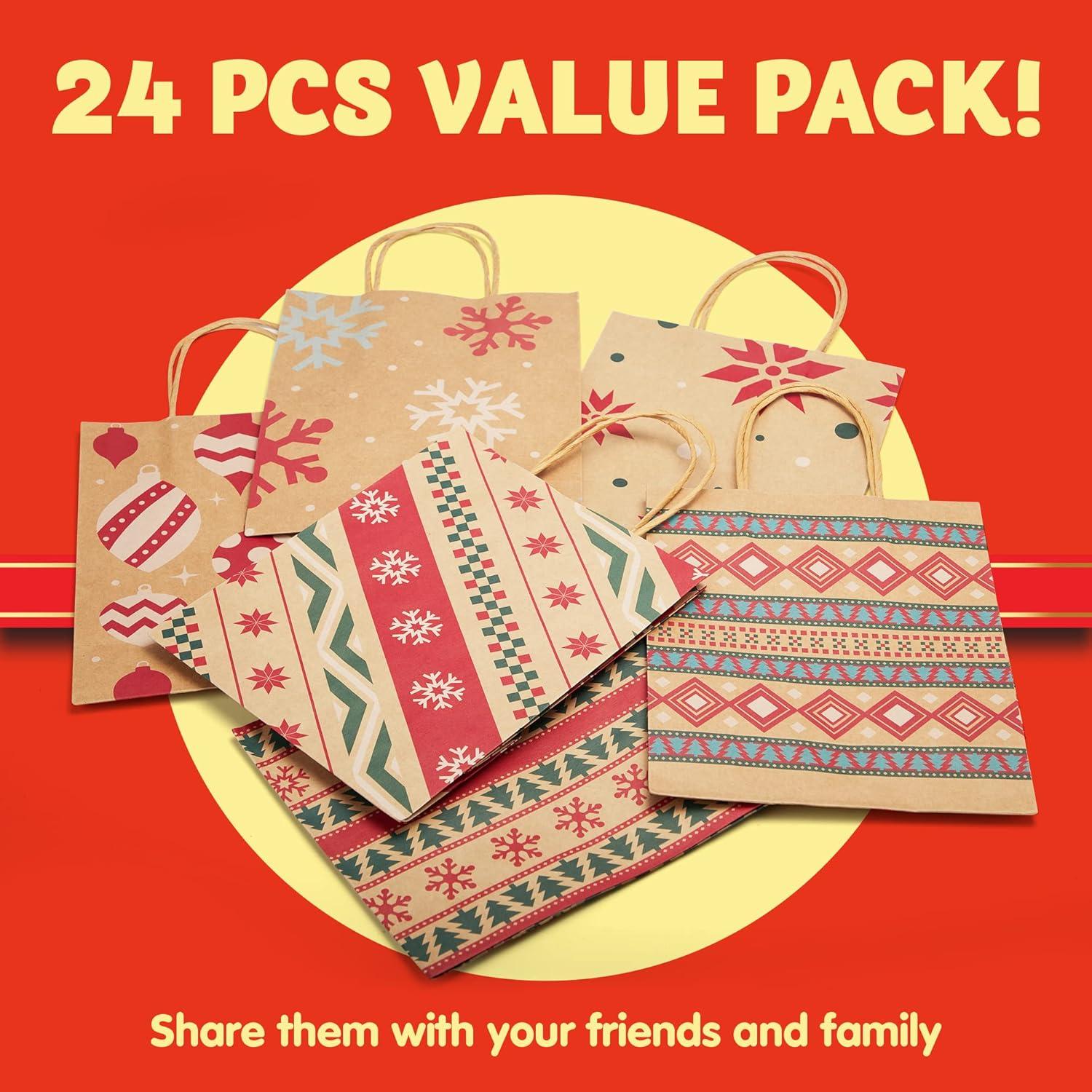 JOYFY 24pcs Christmas Gift Bags Assorted Kraft Gift Bags for Kids' Xmas Gifts Bags