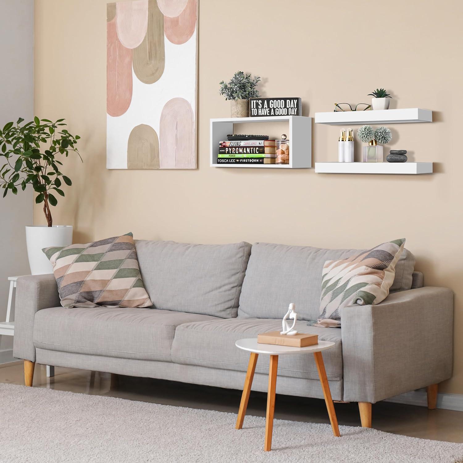 White Floating Cube Accent Shelf Set for Living Room and Bedroom