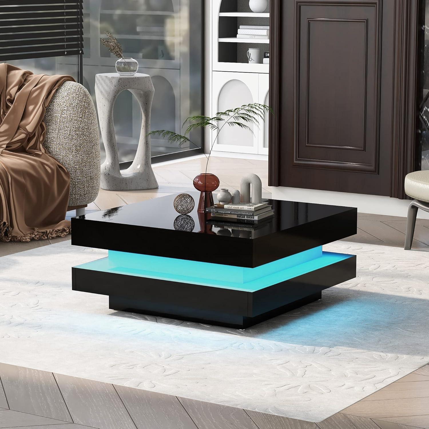 Modern Coffee Table, 2-Tier Square Coffee Table with Plug-in 16-Color LED Lights, High Gloss Coffee Table, Center Table for Living Room, 31.5”x31.5”x14.2”, Black