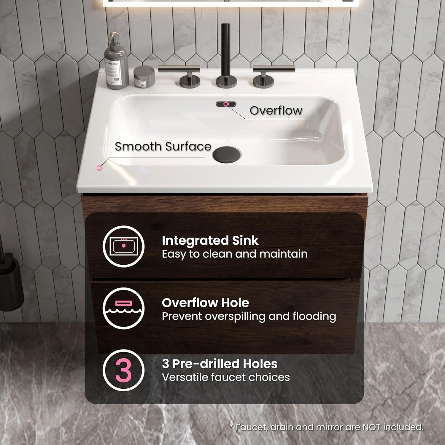 CITTANEO 24" Floating Modern Bathroom Vanity with 3-Hole Ceramic Sink in Walnut