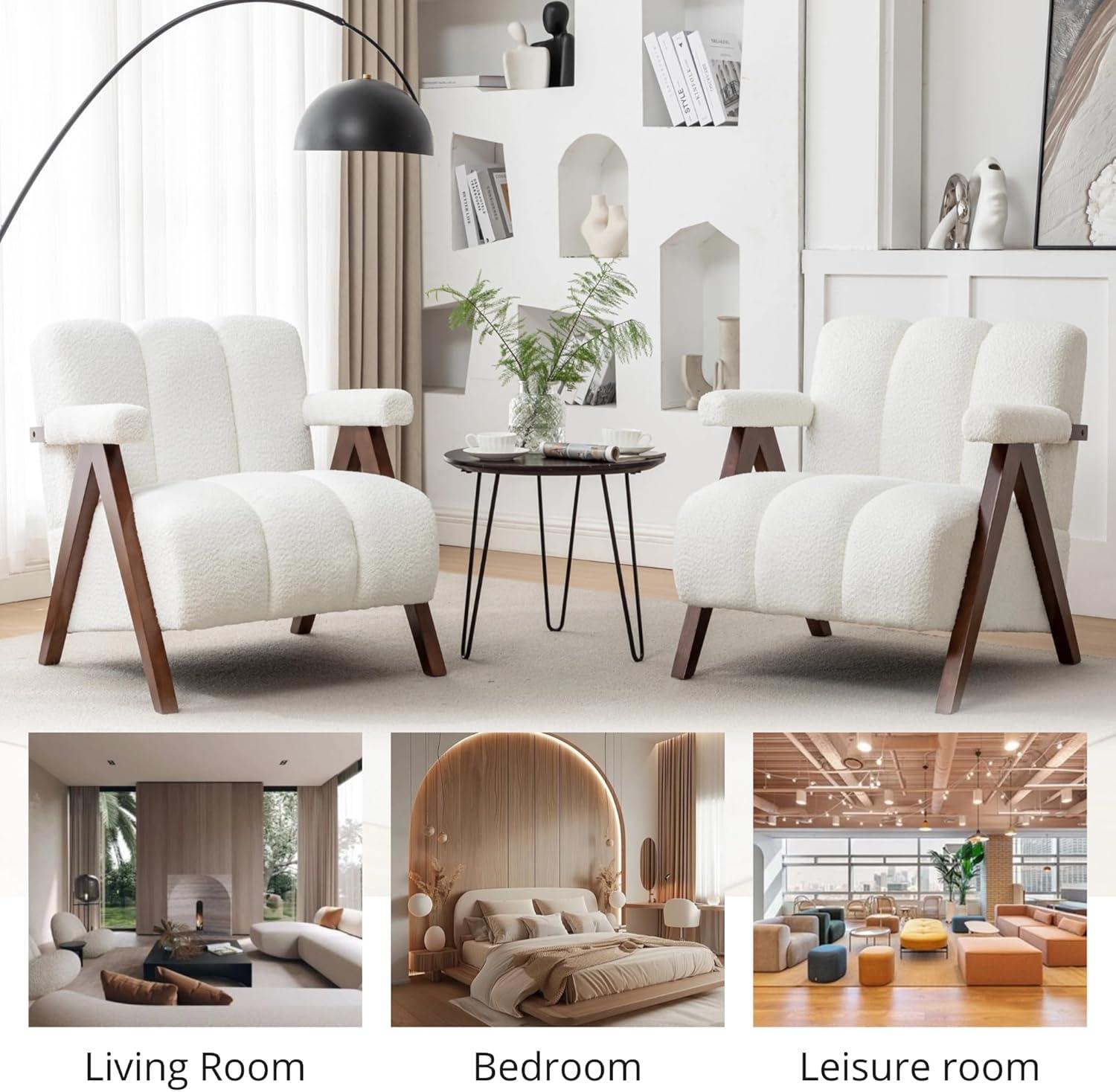 White Velvet Barrel Accent Chair with Wooden Legs