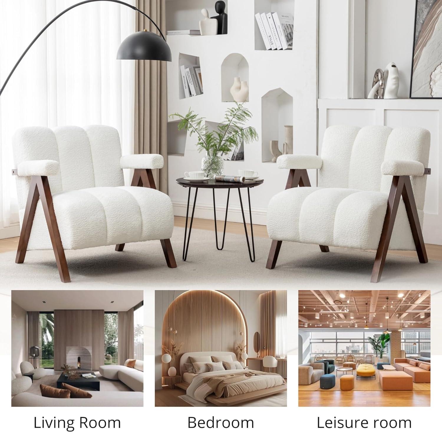 Mid Century Modern Accent Chair with Solid Wood Frame, Boucle Upholstered Living Room Chairs with Thick Cushion, Comfy Tufted Arm Chair for Bedroom, Ivory