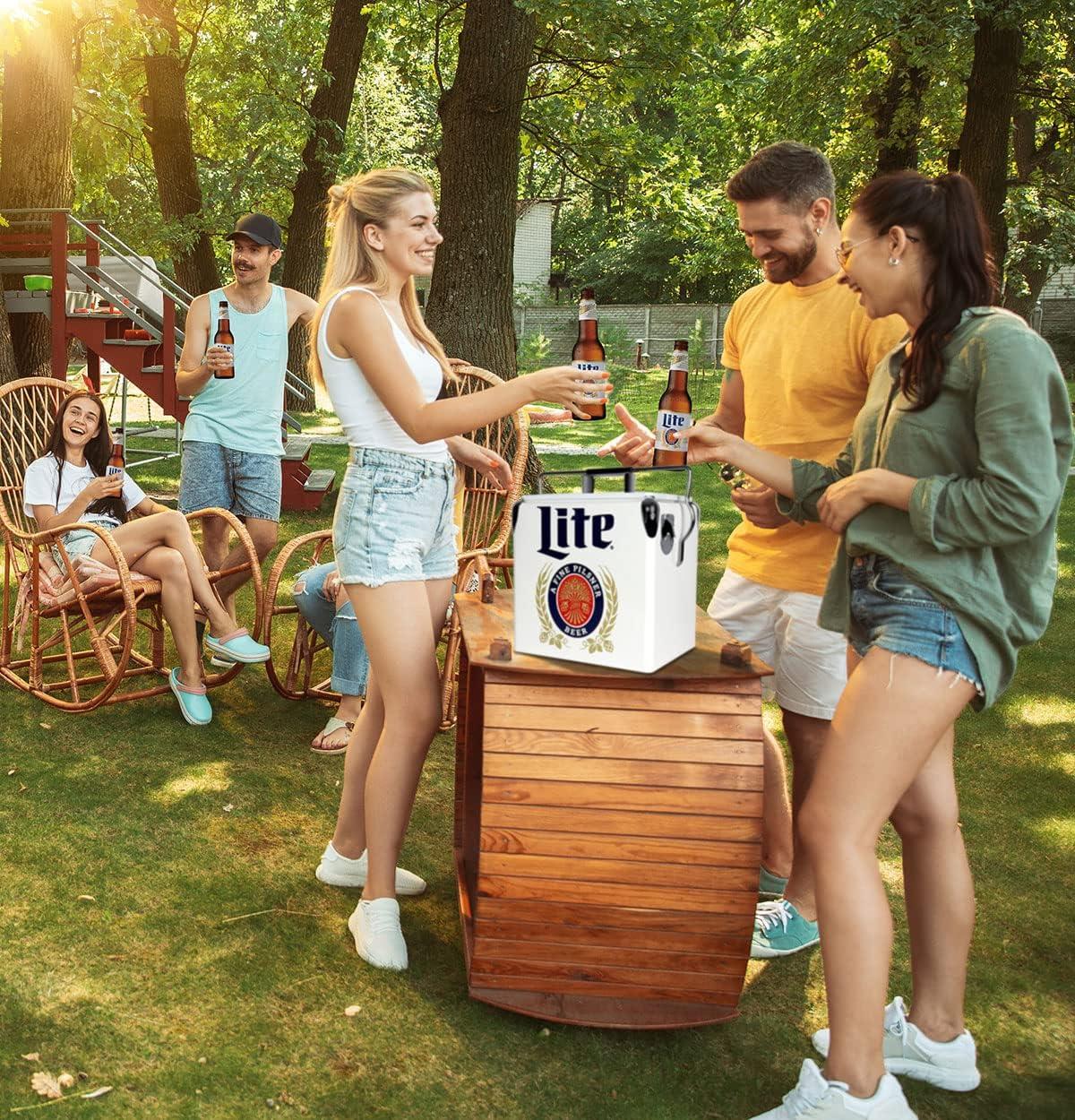 Miller Lite Retro Ice Chest Cooler with Bottle Opener 13L (14 qt), White and Blue