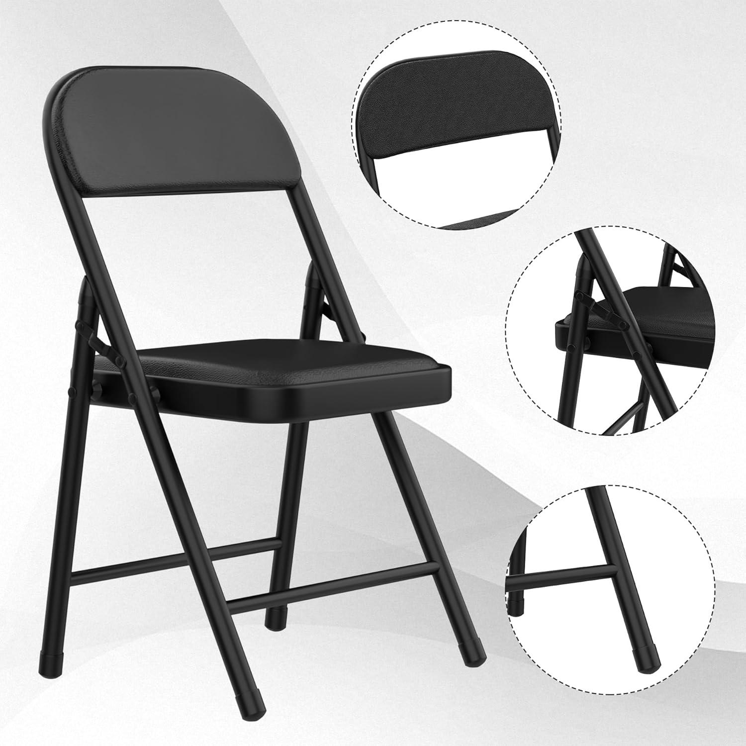 Black Metal Folding Dining Chairs with Cushions, Set of 2