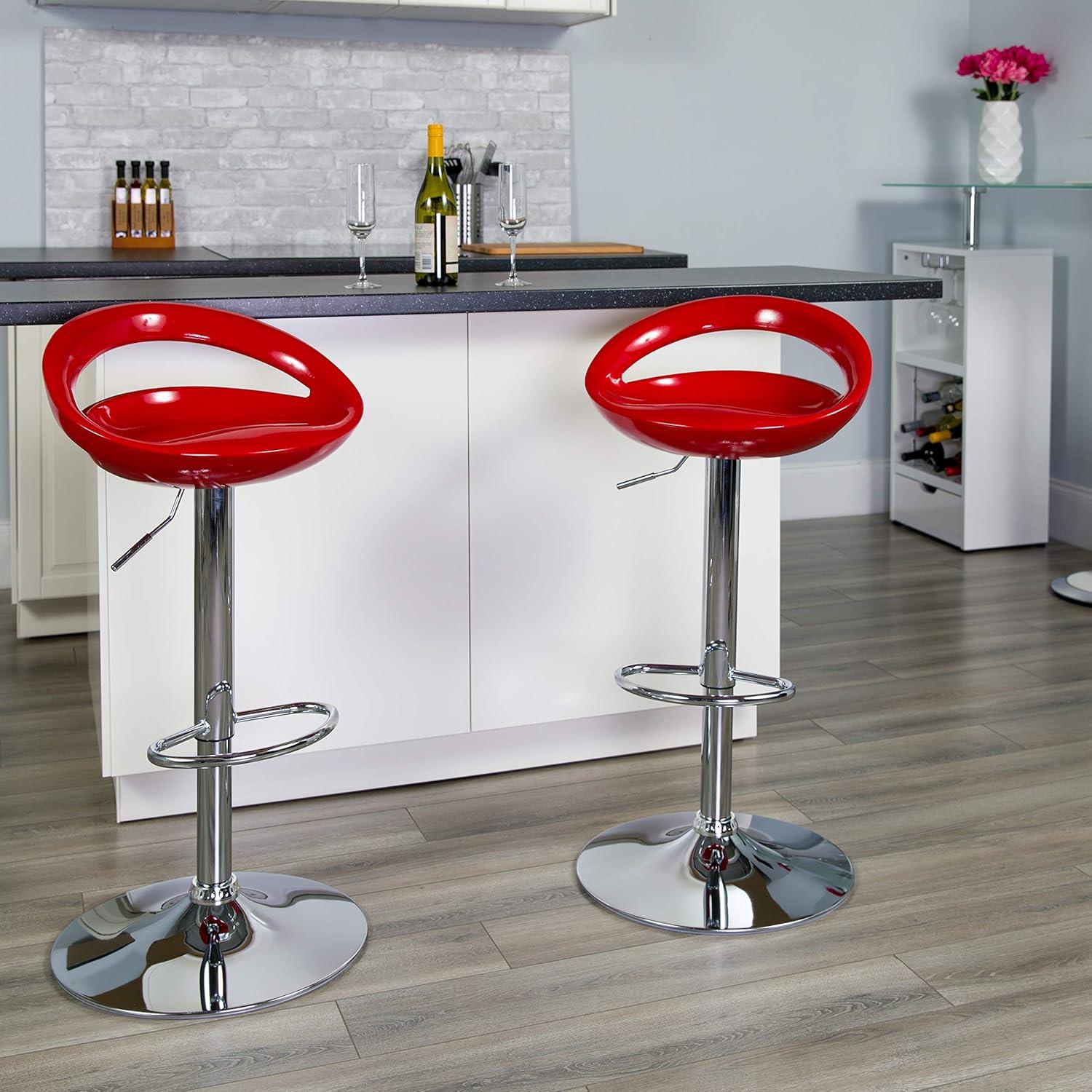 Flash Furniture Contemporary Red Plastic Adjustable Height Barstool with Rounded Cutout Back and Chrome Base