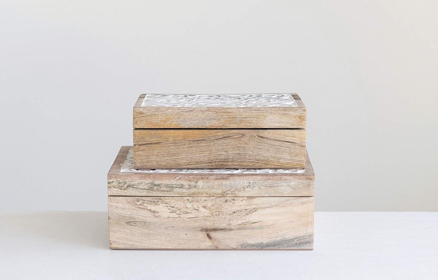 Set of 2 Decorative Hand Crafted Whitewashed Mango Wood Boxes with Lids - Storied Home: Online-Unique, Adult Storage