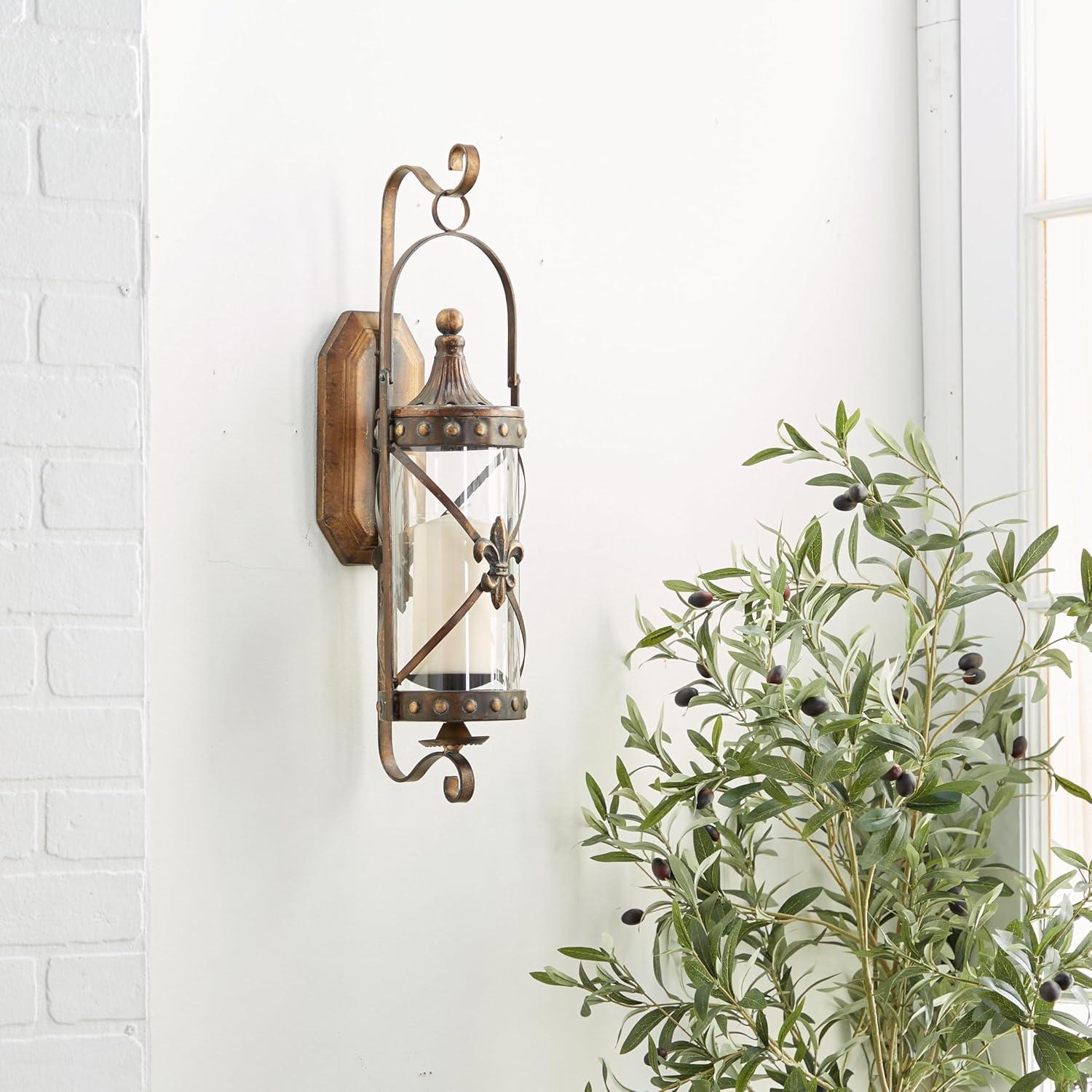 DecMode Bronze Metal Fleur De Lis Suspended Studded Wall Sconce with Scroll Details