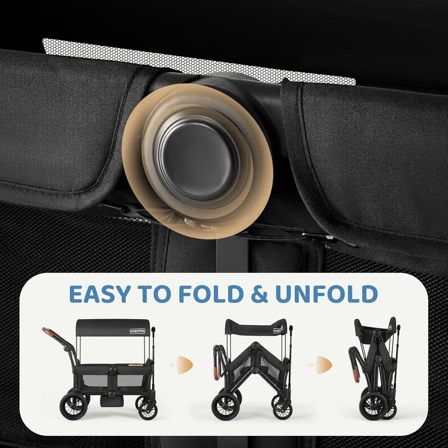 HARPPA Foldable Wagon Stroller for 2 Toddlers with Pull & Push Handle, Canopy, 32.9lbs, Black