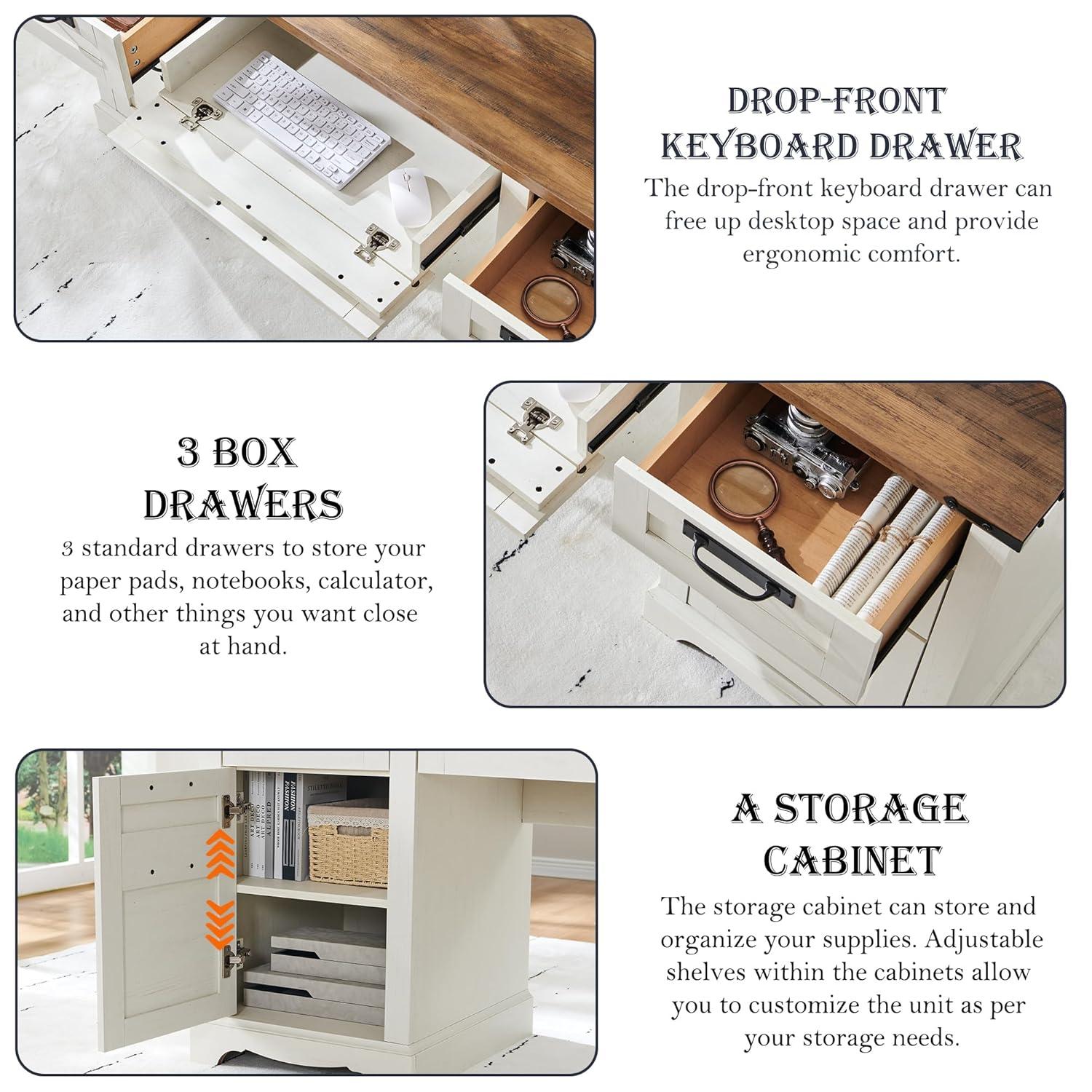 RedLemon 60" Farmhouse L Shaped Desk with Drawers, Wood Home Office Corner Executive Desk with Charging Station, File Drawer, Storage Cabinet, Rustic Computer Writing Desk (Light Rustic Oak)