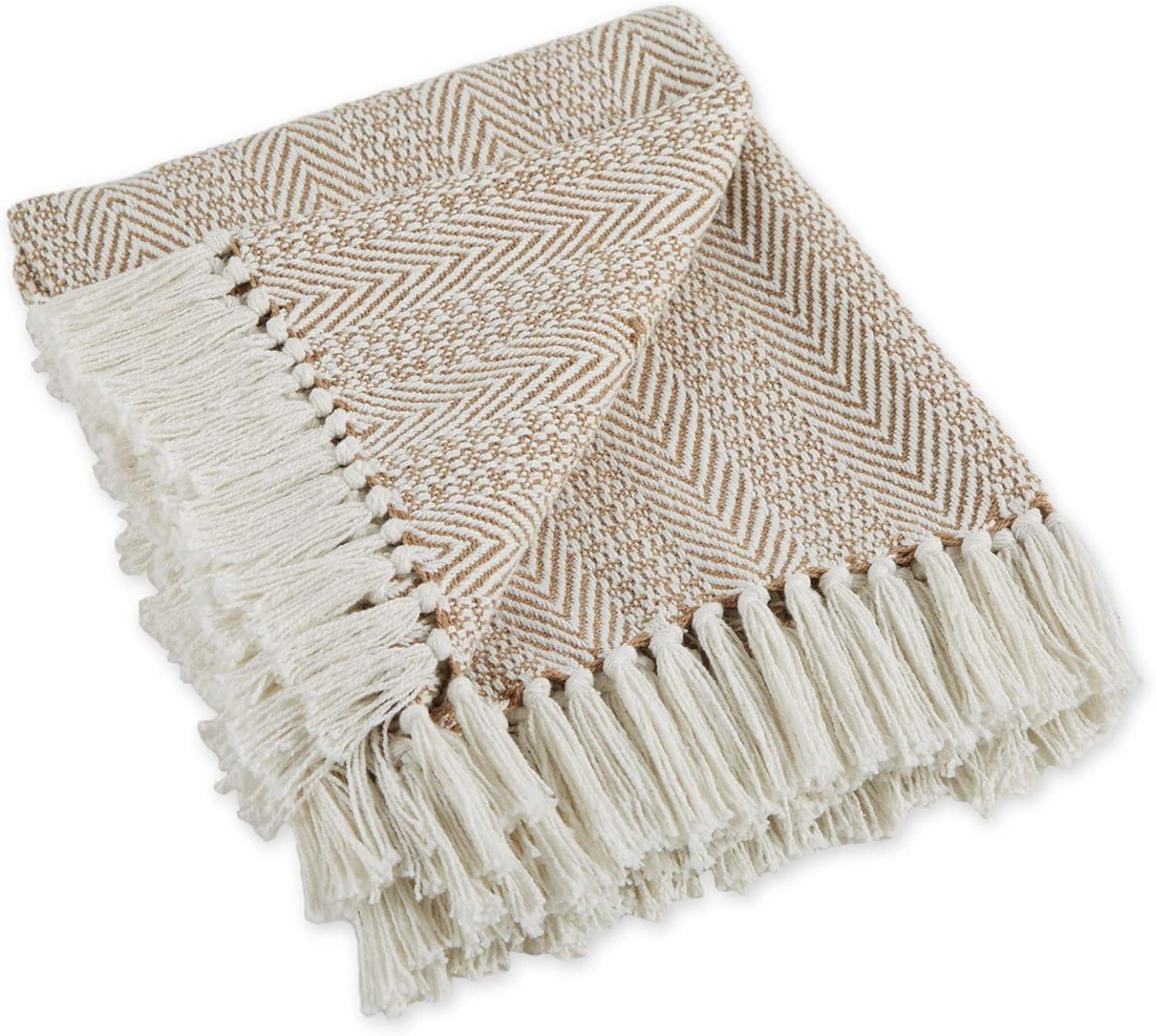 Herringbone Stripe Stone Cotton Throw Blanket, 50x60 with Fringe