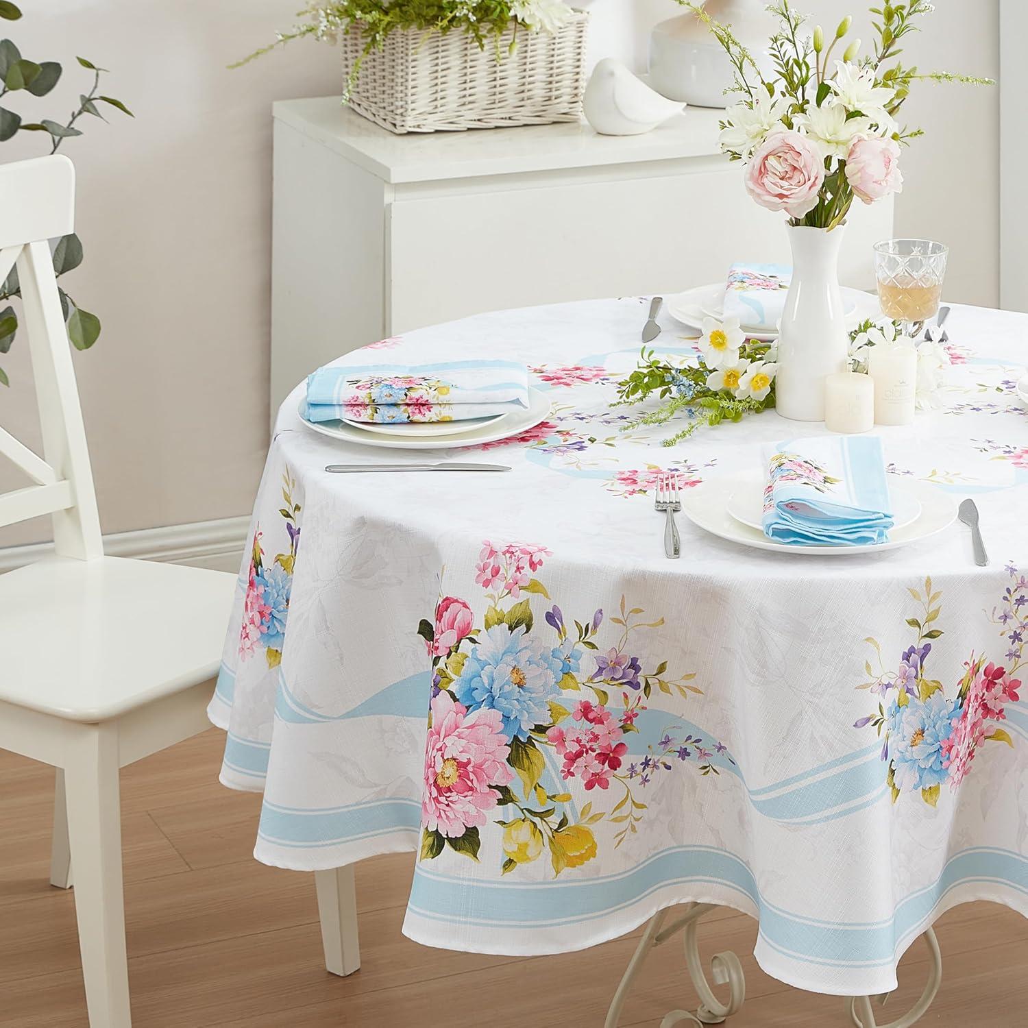 Rose Cottage Engineered Tablecloth - Multicolor - 70" Round - Elrene Home Fashions