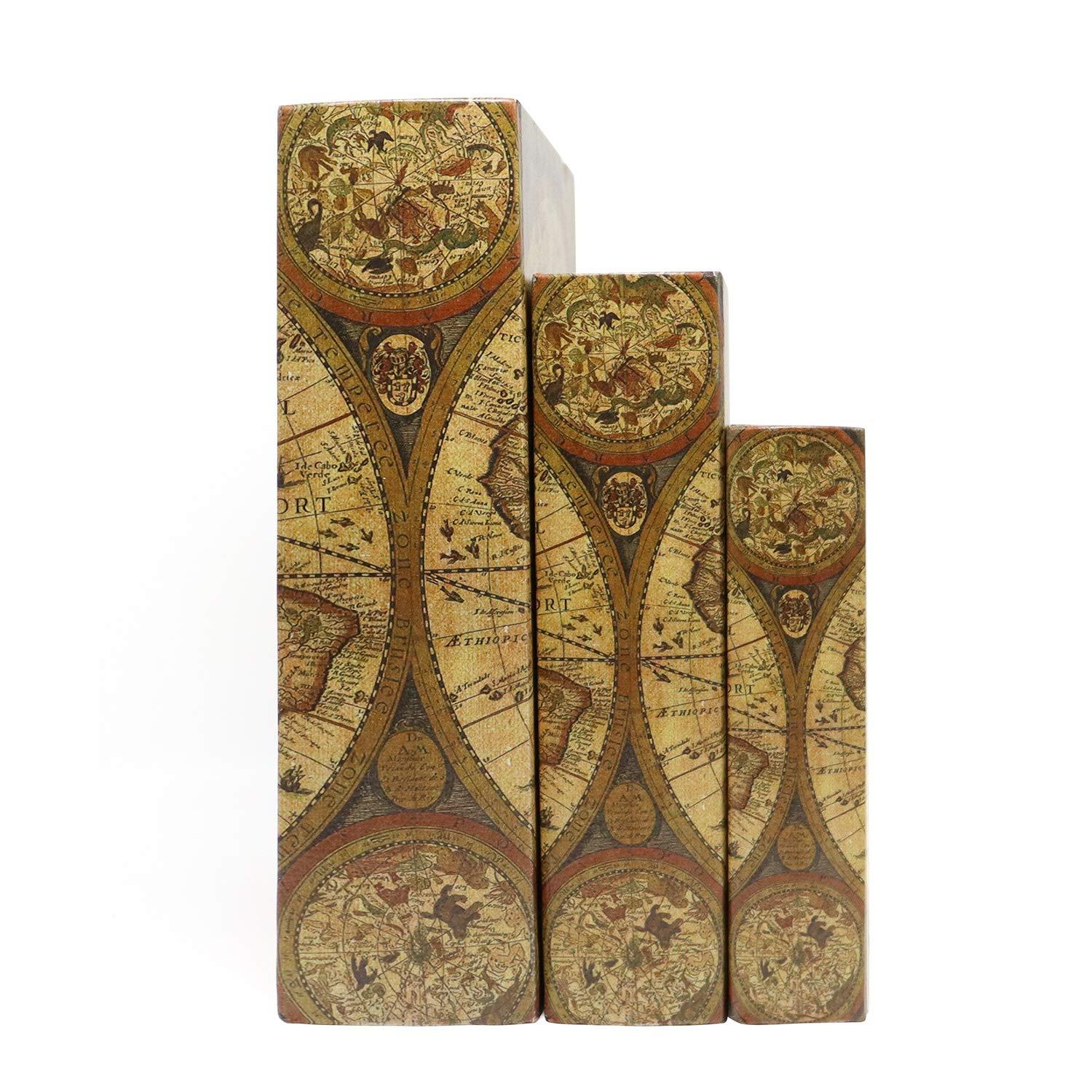 Jolitac Decorative Book Boxes World Map Pattern Antique Book Invisible box with Magnetic cover, Faux Wood Set of 3 Storage Set (Map)