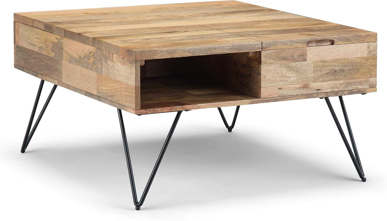 Simpli Home Hunter SOLID MANGO WOOD and Metal 32 inch Wide Square Industrial Lift Top Coffee Table in Natural